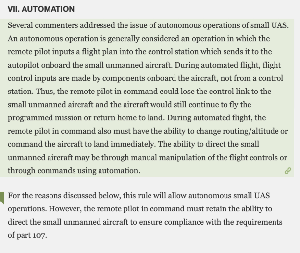 this rule will allow autonomous small UAS operations FAA
