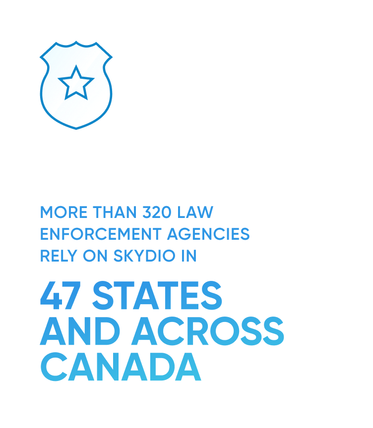 Police badge icon with text 'law enforcement agencies rely on Skydio in 47 states and across Canada'