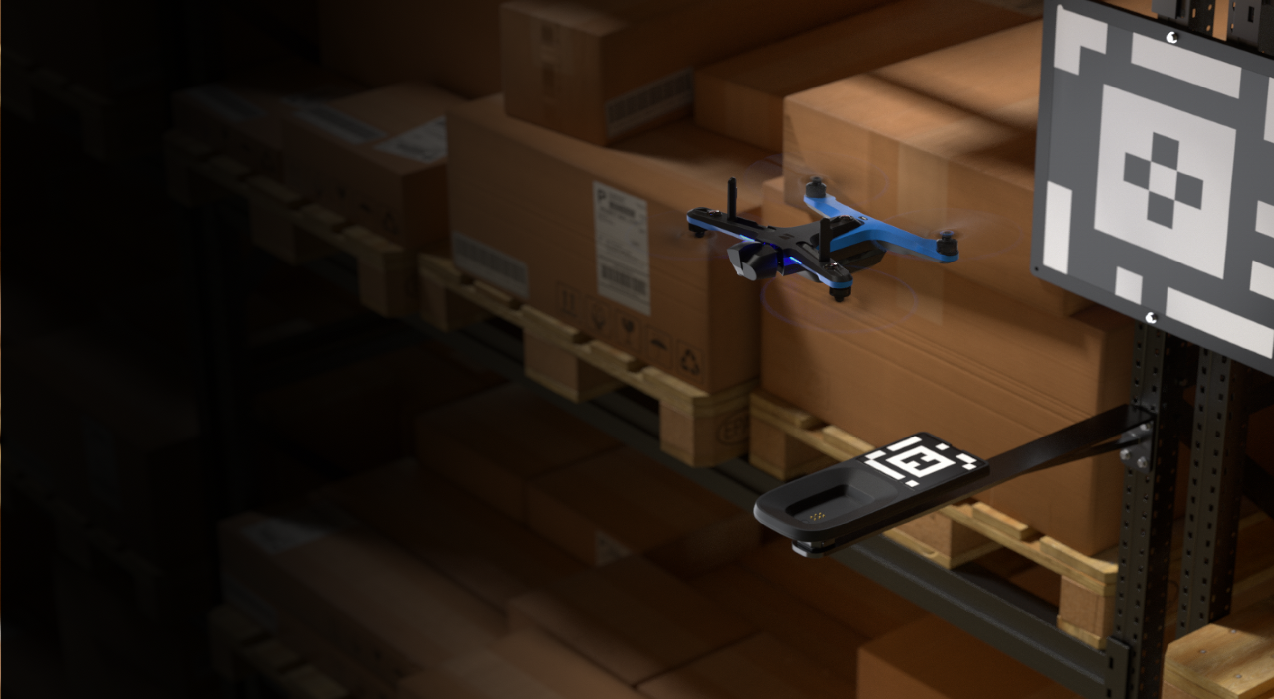 View of Skydio drone leaving dock lite inside warehouse facility
