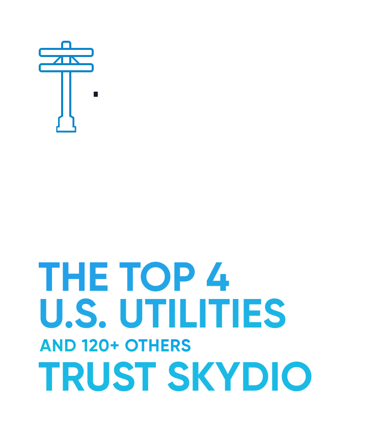 Power line icon with text, "the top 4 U.S. utilities, and 120 others trust Skydio