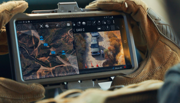 Skydio's TAK software interface on soldier's chest tablet