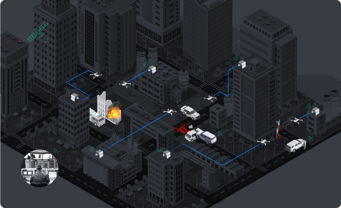 illustration of many drones across a city being released from the skydio dock