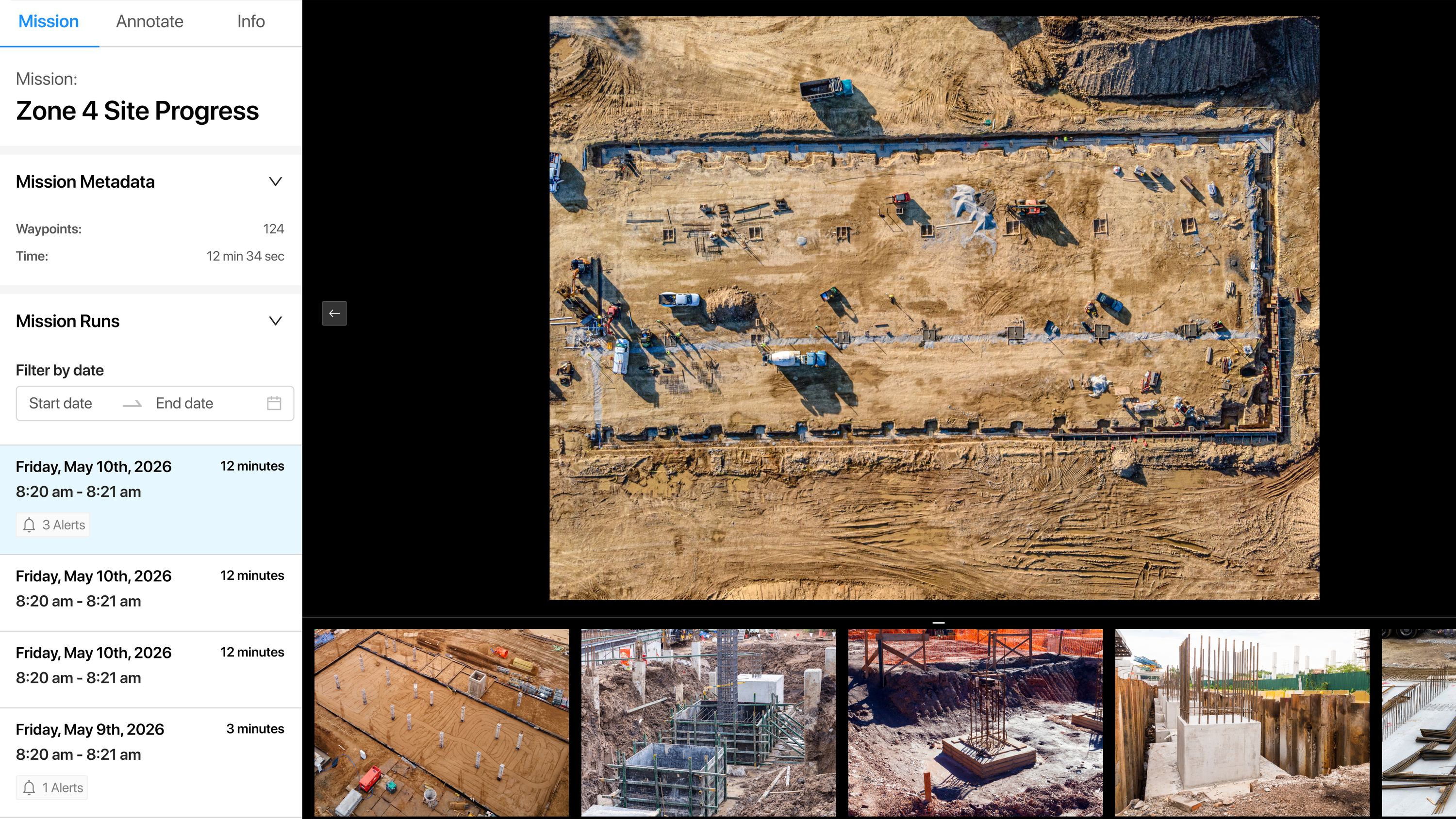 Skydio Cloud Mission data collection dashboard to view images and footage taken from cosntruciton site progress