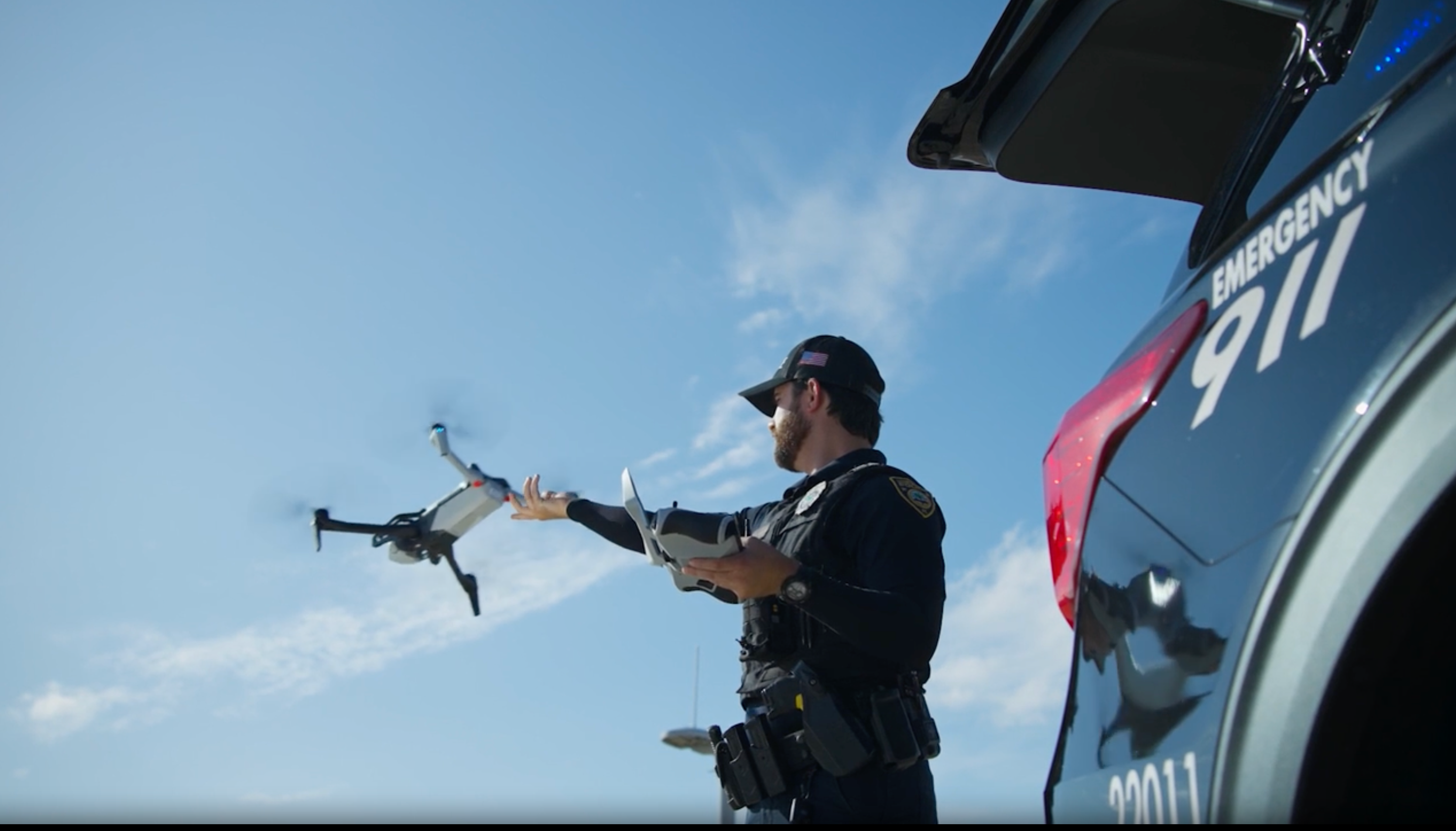 police officer flying a Skydio law enforcement drone 