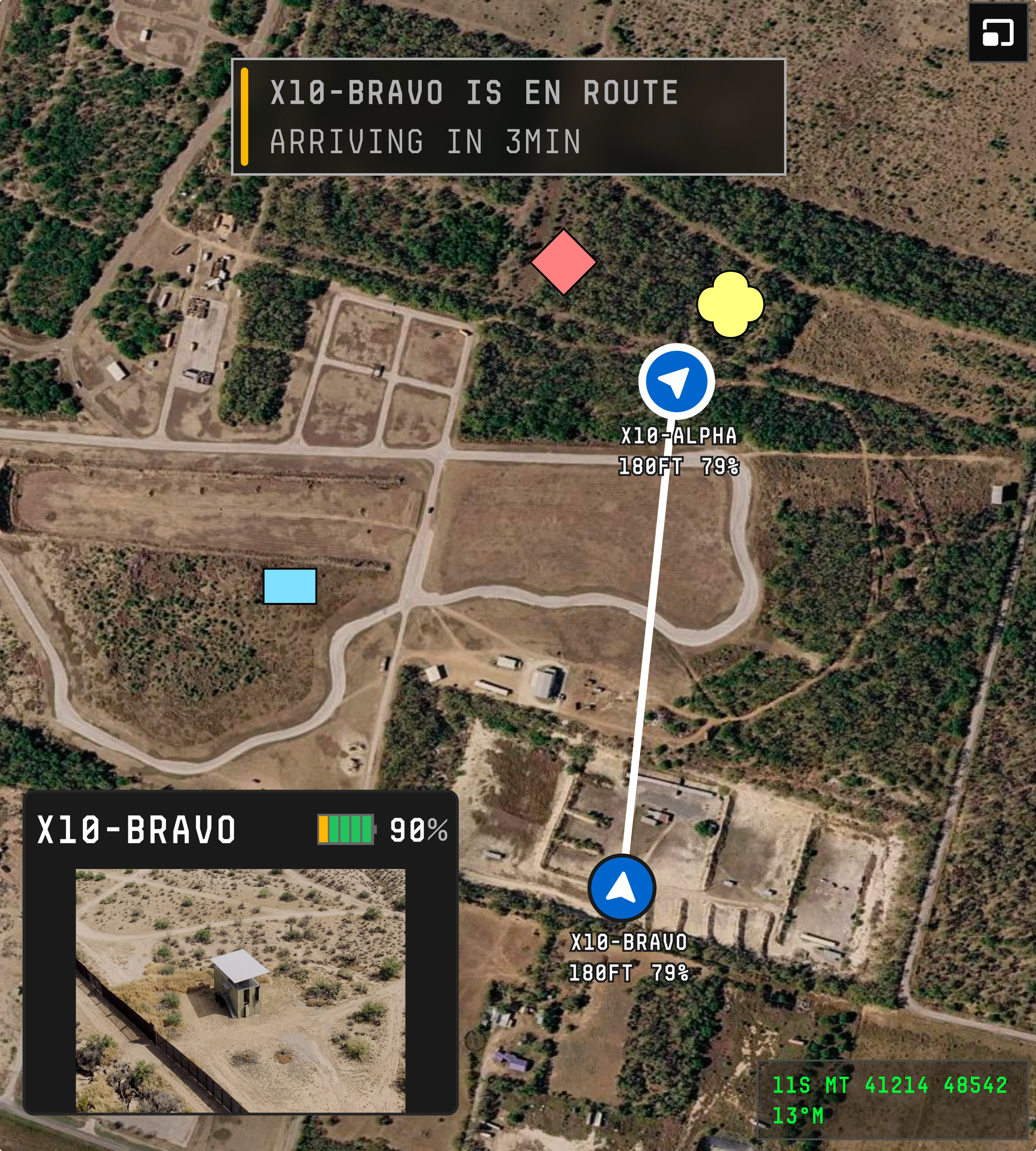 Skydio X10D drone flying to relive another drone with low battery in Skydio ISR Command 