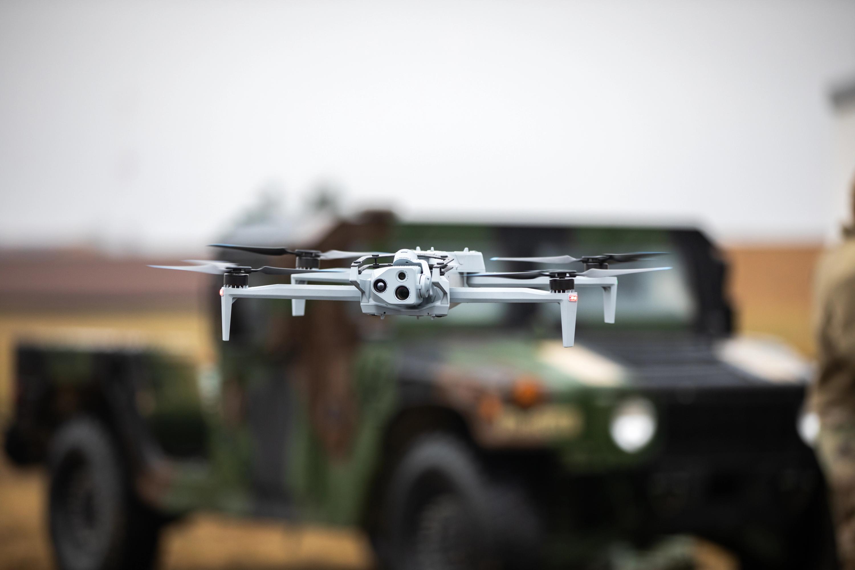 The Skydio X10D drone flies during a counter-unmanned aerial systems training exercise at Grafenwoehr Training Area, Bavaria, Germany, Feb. 13, 2025. The counter-unmanned aerial systems course trains Soldiers in enemy small drone threat detection and defense.
