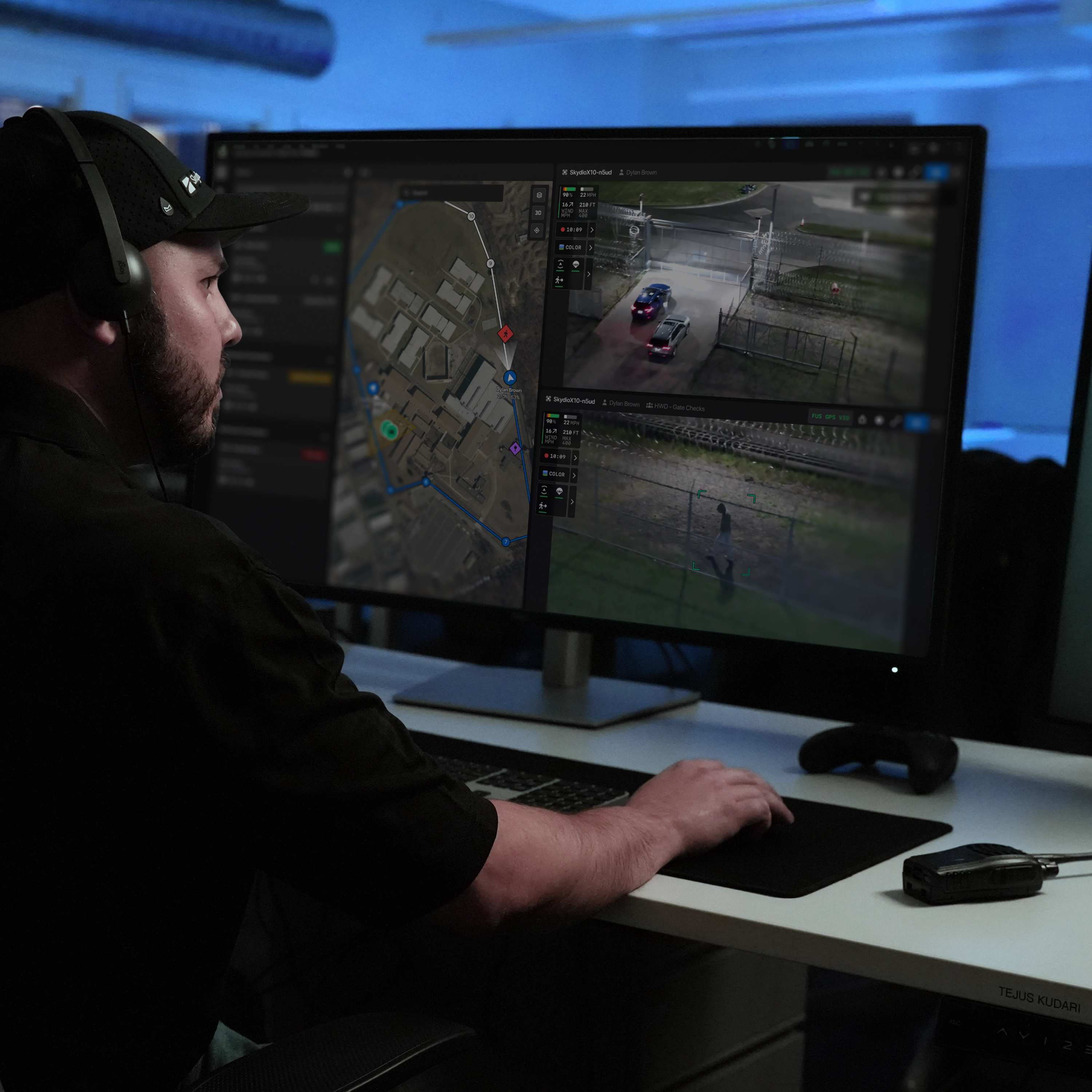Security officer using Skydio Secirty command to run automated patrols 