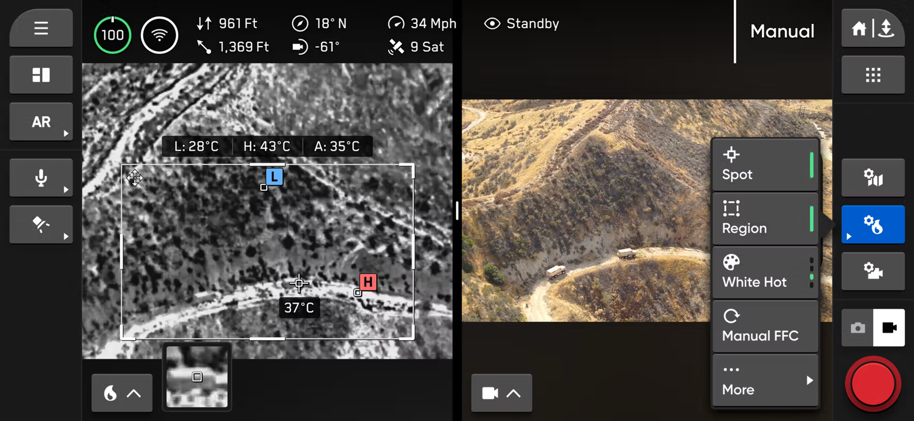 image from Skydio drone controller showing live stream of a convoy with both thermal and visual images