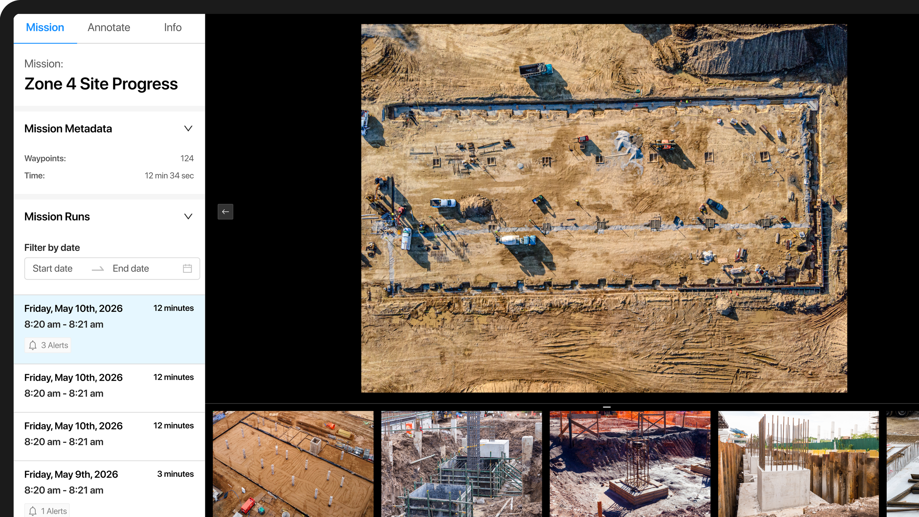 Skydio Cloud mission media panel to confirm site progress and daily punch list  is being completed