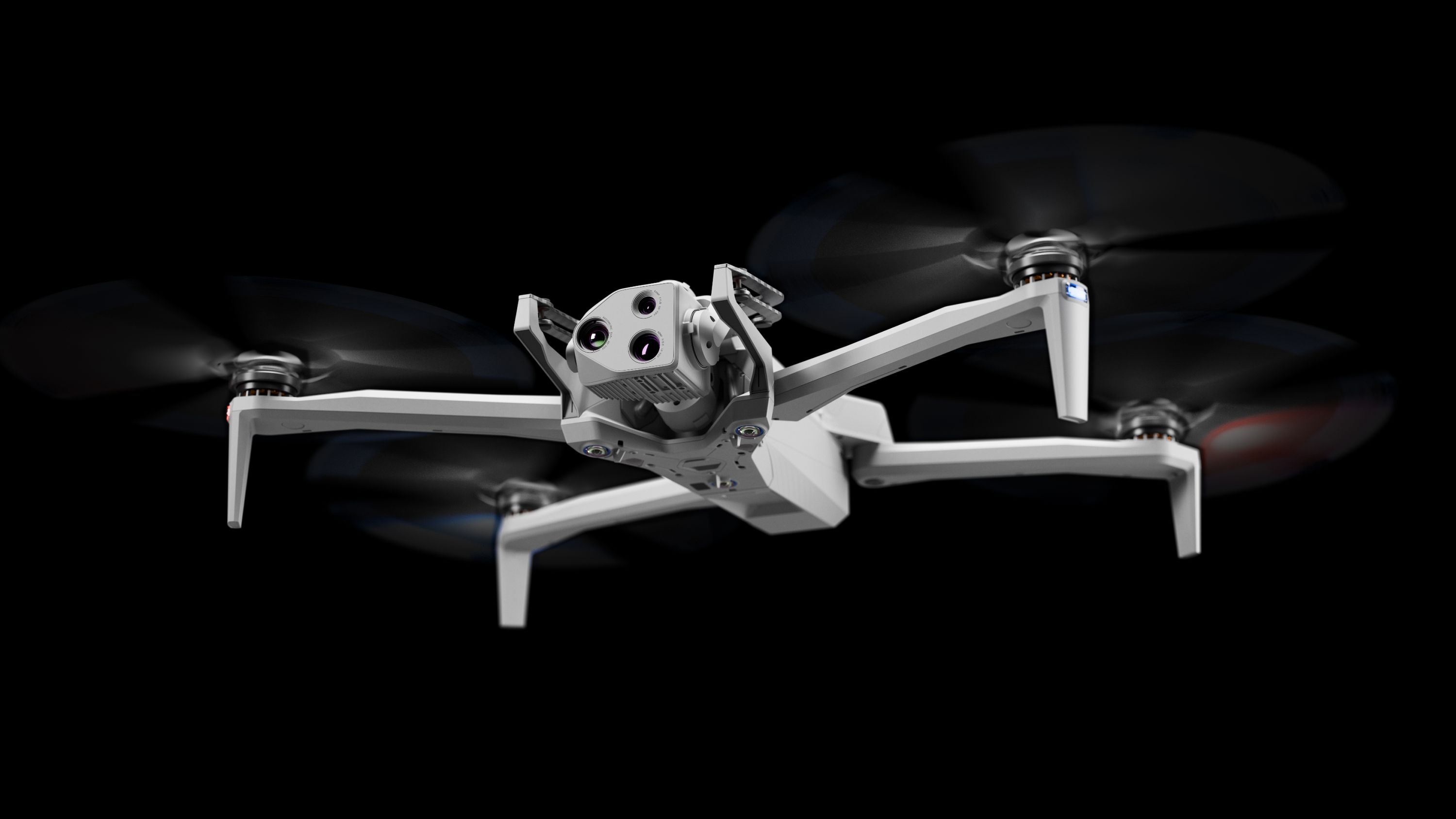 Skydio X10 in flight with black background