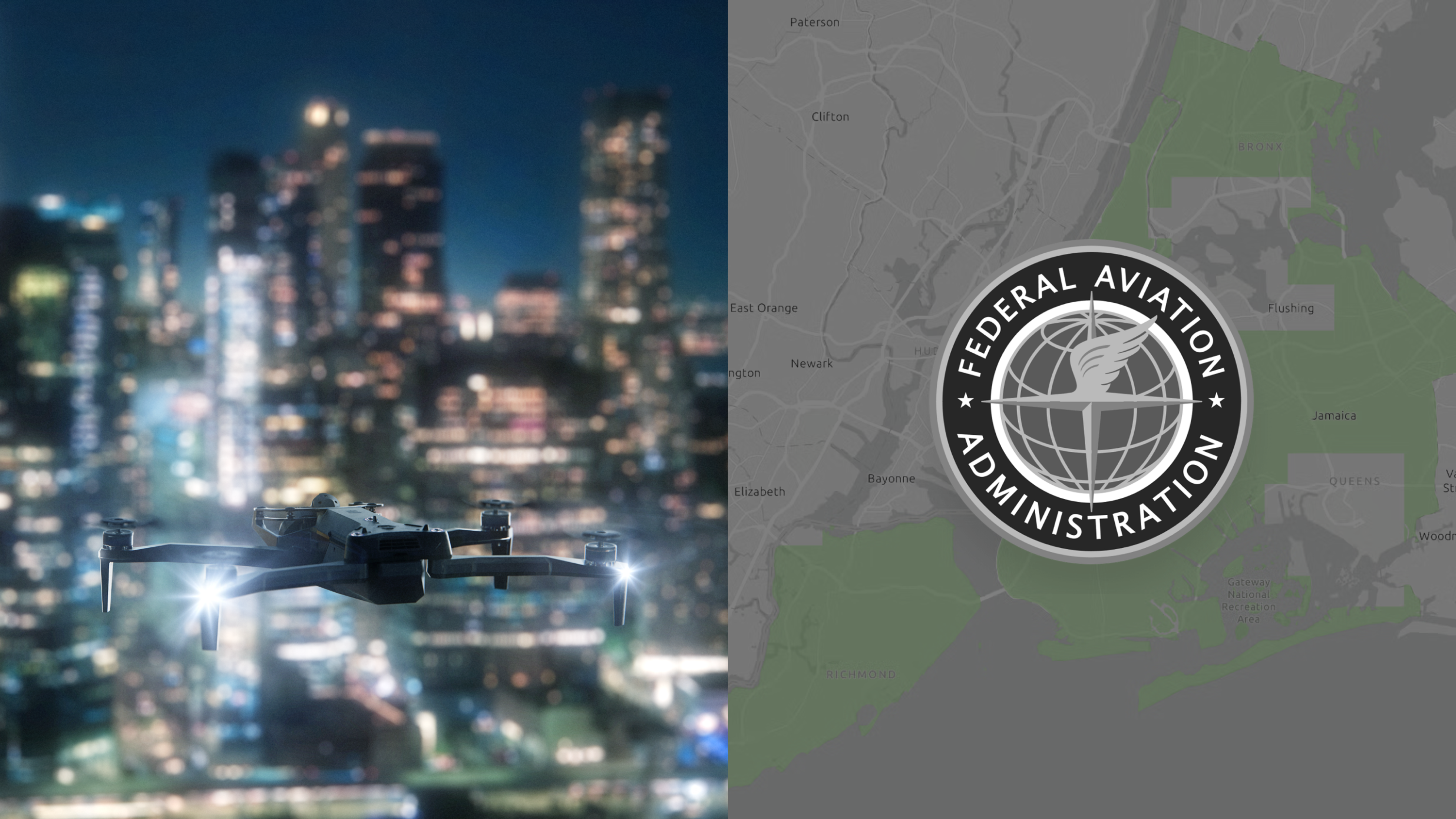split image, Skydio X10 drone with city in the background on left, FAA logo on the right side 