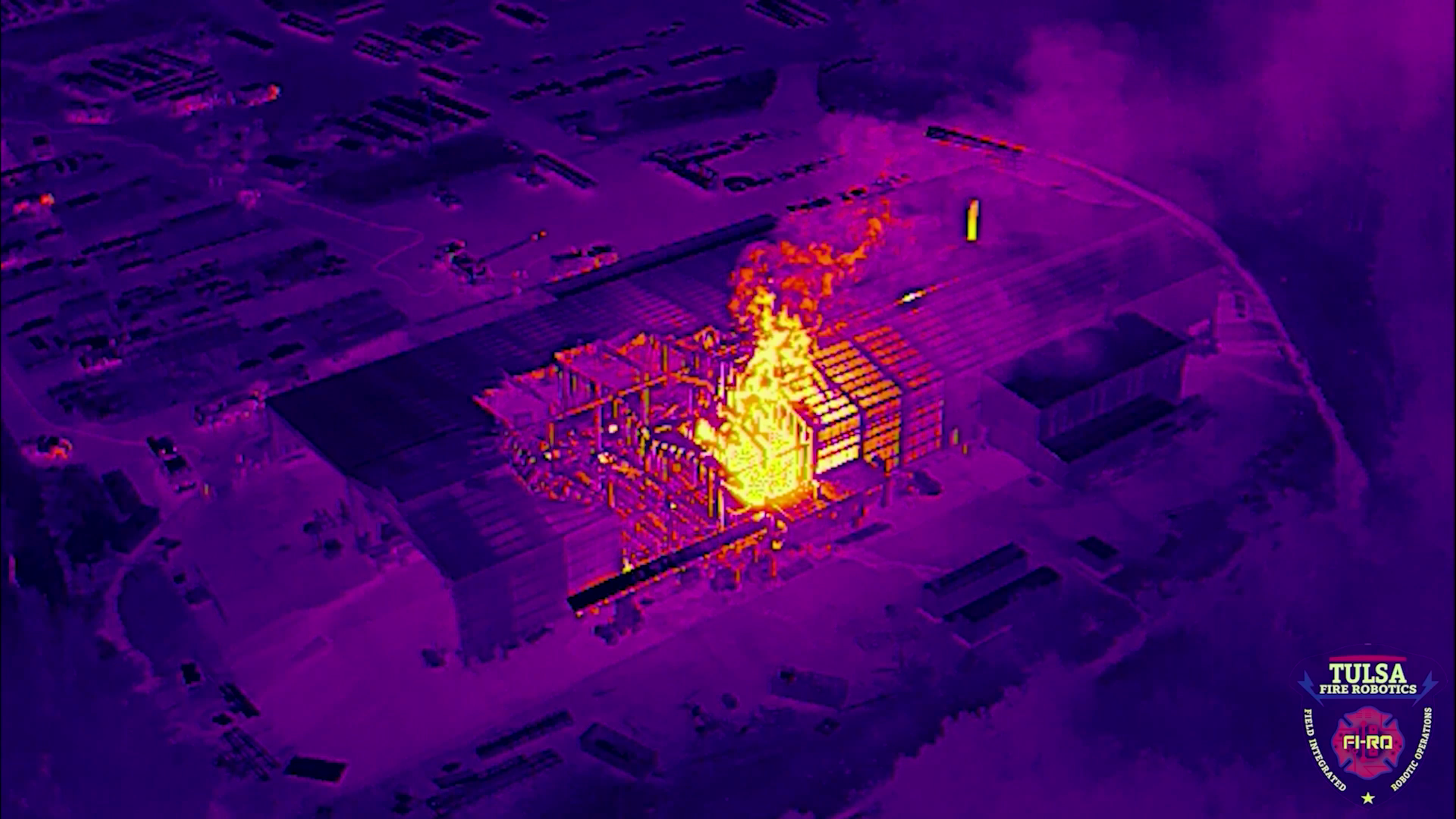 thermal Skydio drone image of fire from Tulsa Fire Robotics 