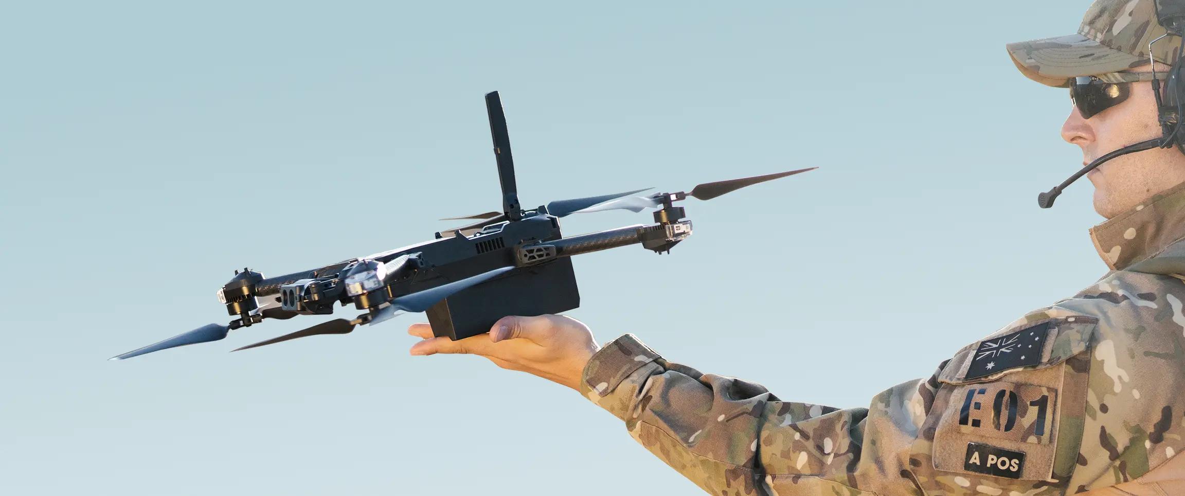 close image Skydio sUAS on a soldier's hand