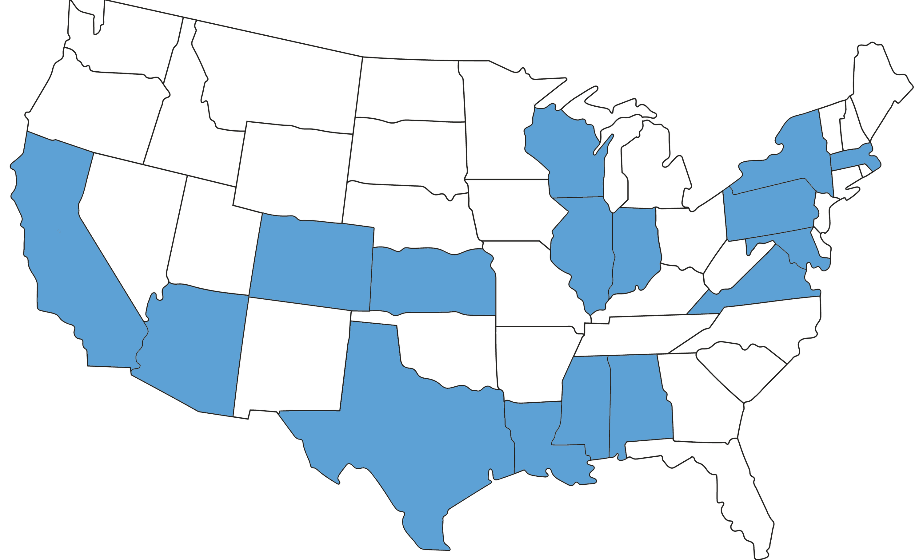 A map of the United States with 16 states highlighted, denoting STEM event locations. States include Alabama, Arizona, California, Colorado, Kansas, Illinois, Indiana, Louisiana, Maryland, Massachusetts, Mississippi, New York, Pennsylvania, Texas, Virginia, Wisconsin