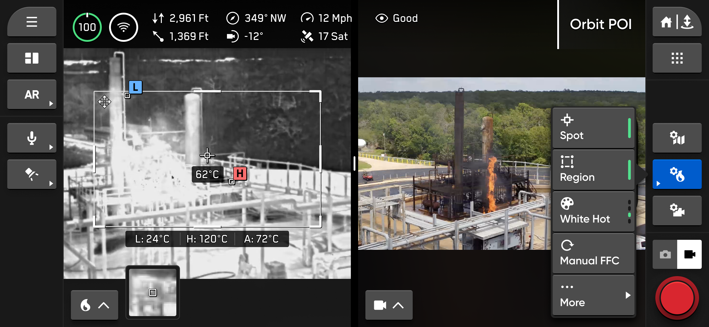 Skydio drone controller interface showing a thermal image and visual captures