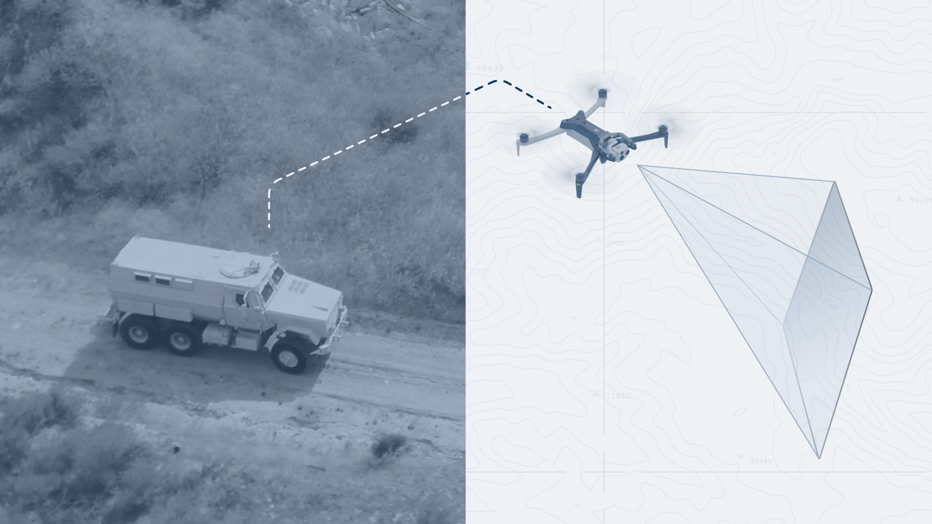 graphic showing Skydio Scout capability, with drone viewing ahead of convoy