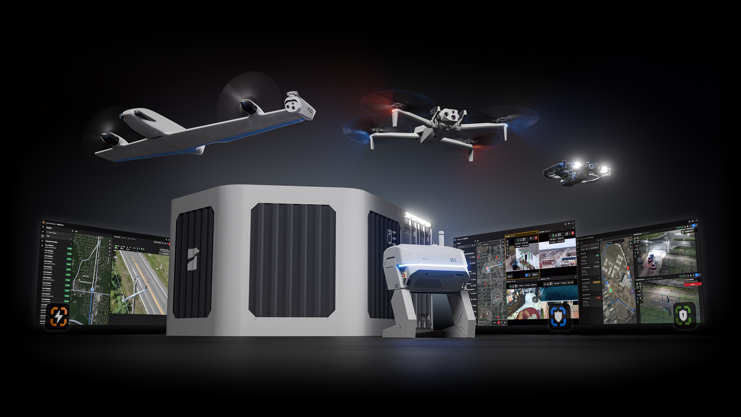 Skydio X10 drone, dock, and public safety response technology displayed as an integrated DFR platform
