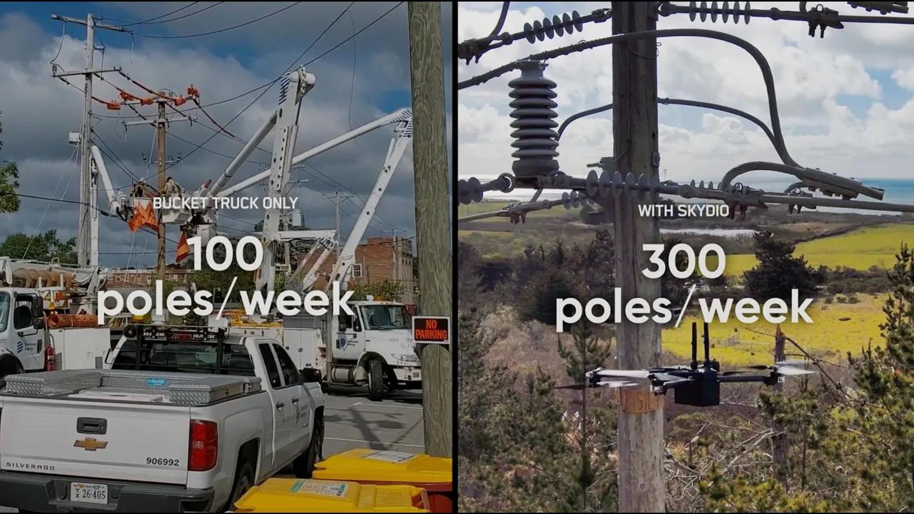 image comparing utility line inspection productivity with bucket trucks vs Skydio drones