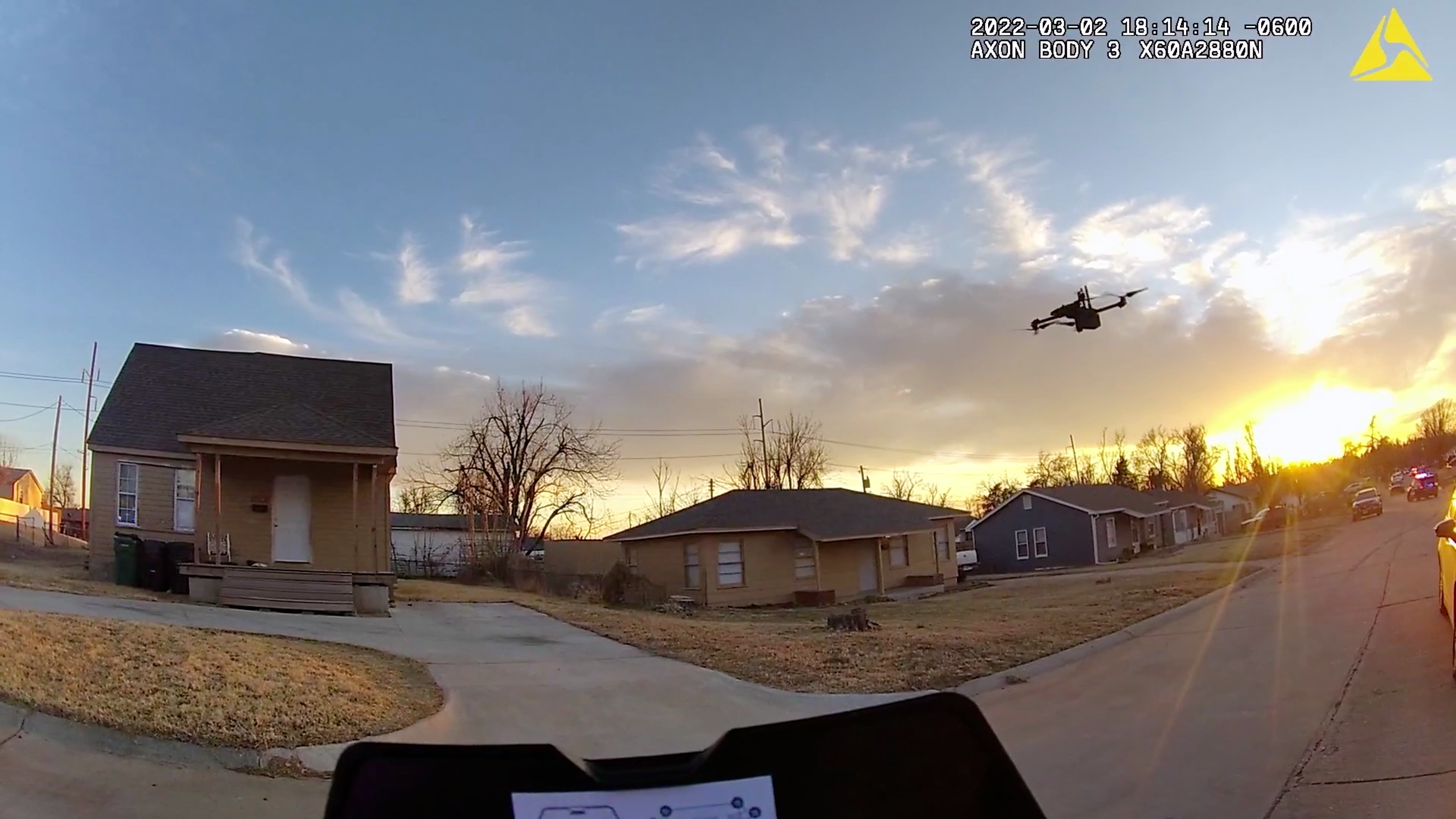 Skydio X2D drone in flight over housing 