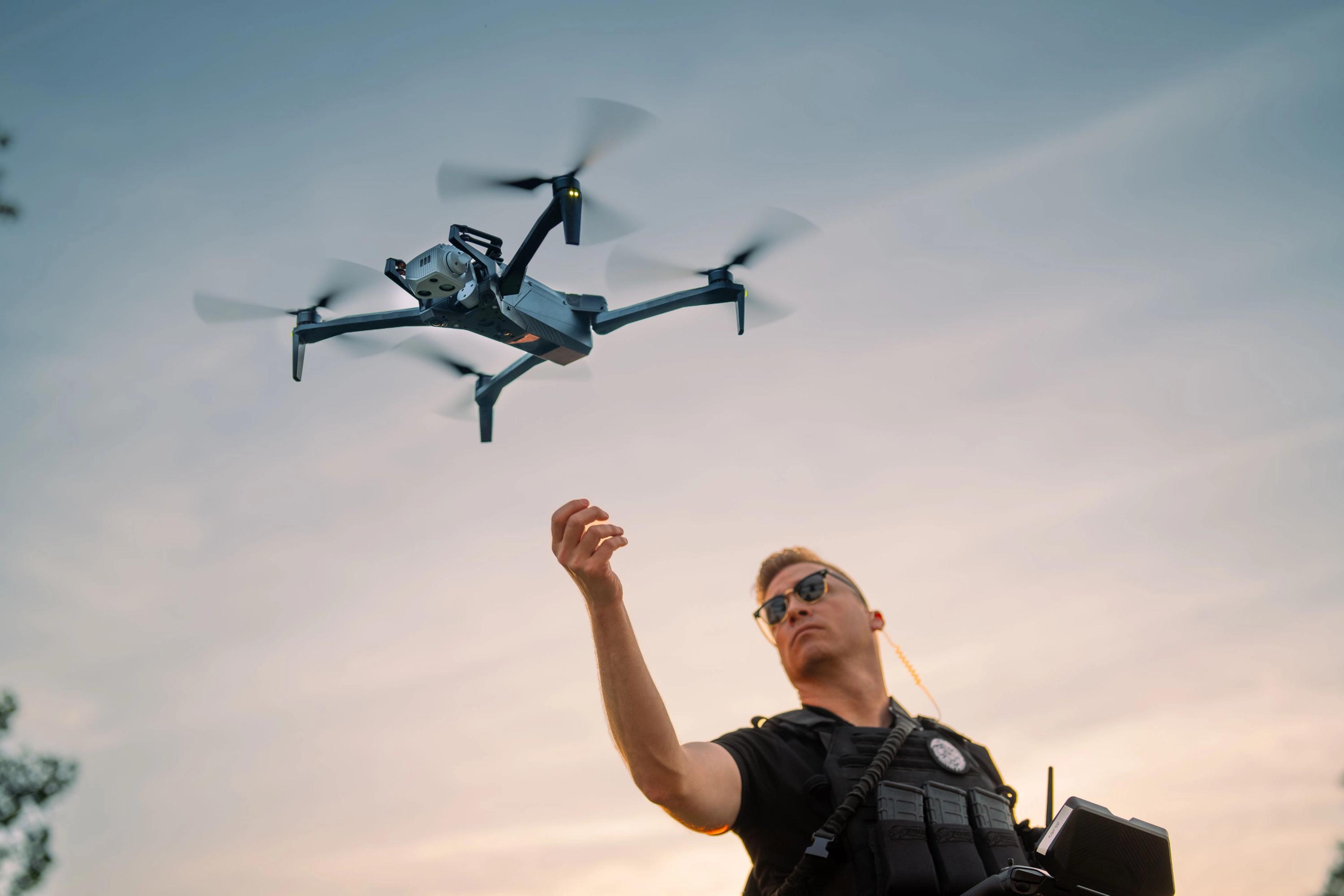 Office flying Skydio X10 public safety drone