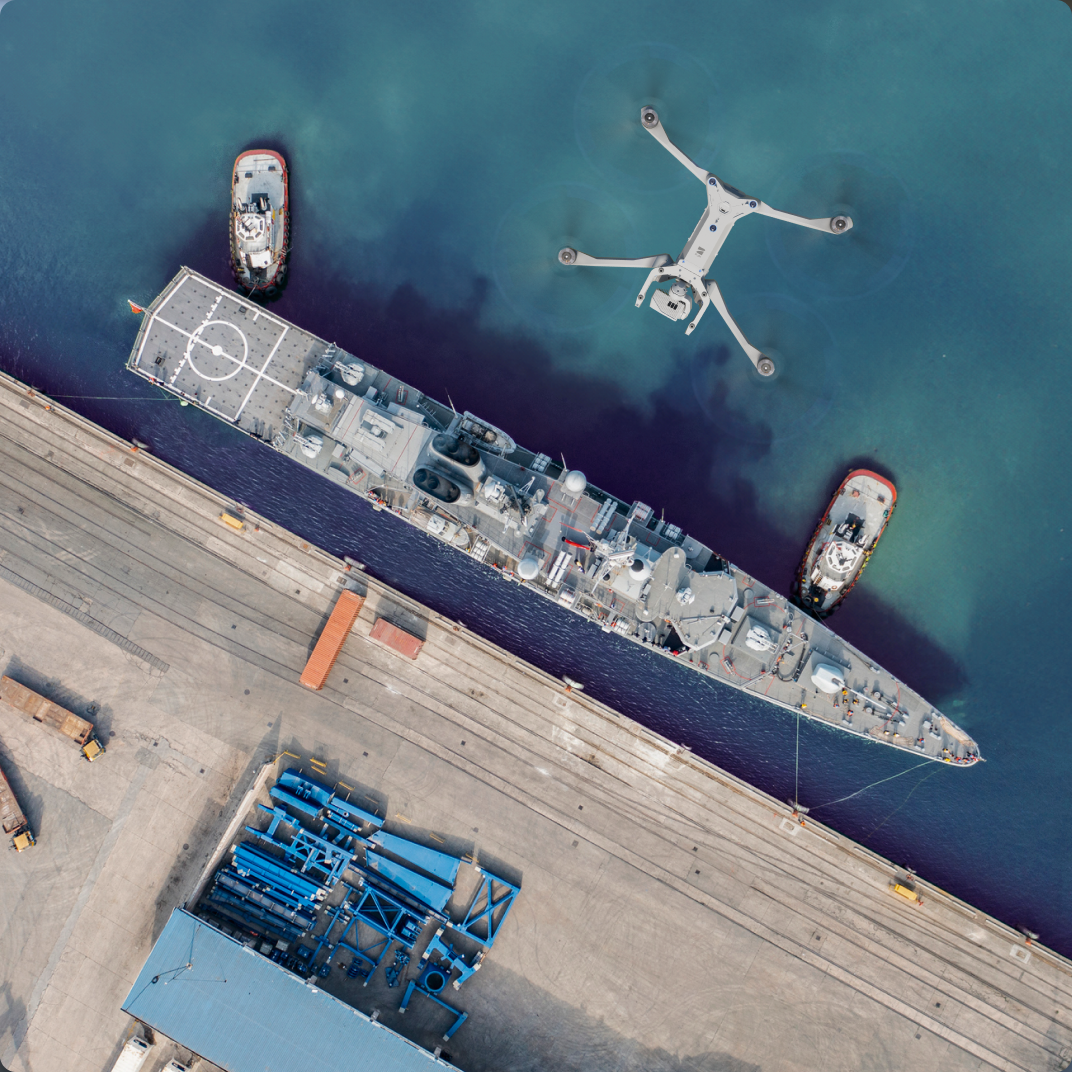 Skydio X10D monitoring of supply chain shipping port overhead view
