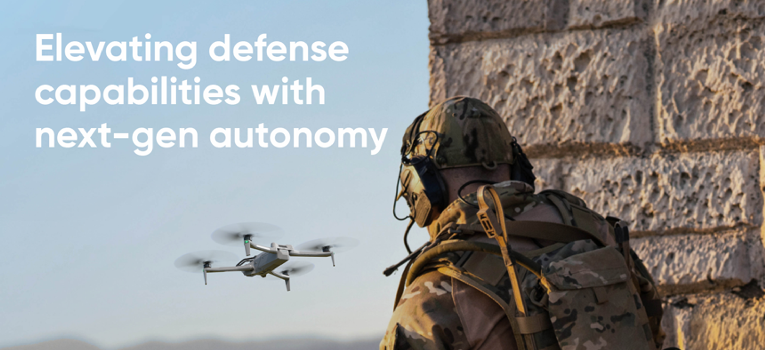 warfighter with Skydio drone in flight