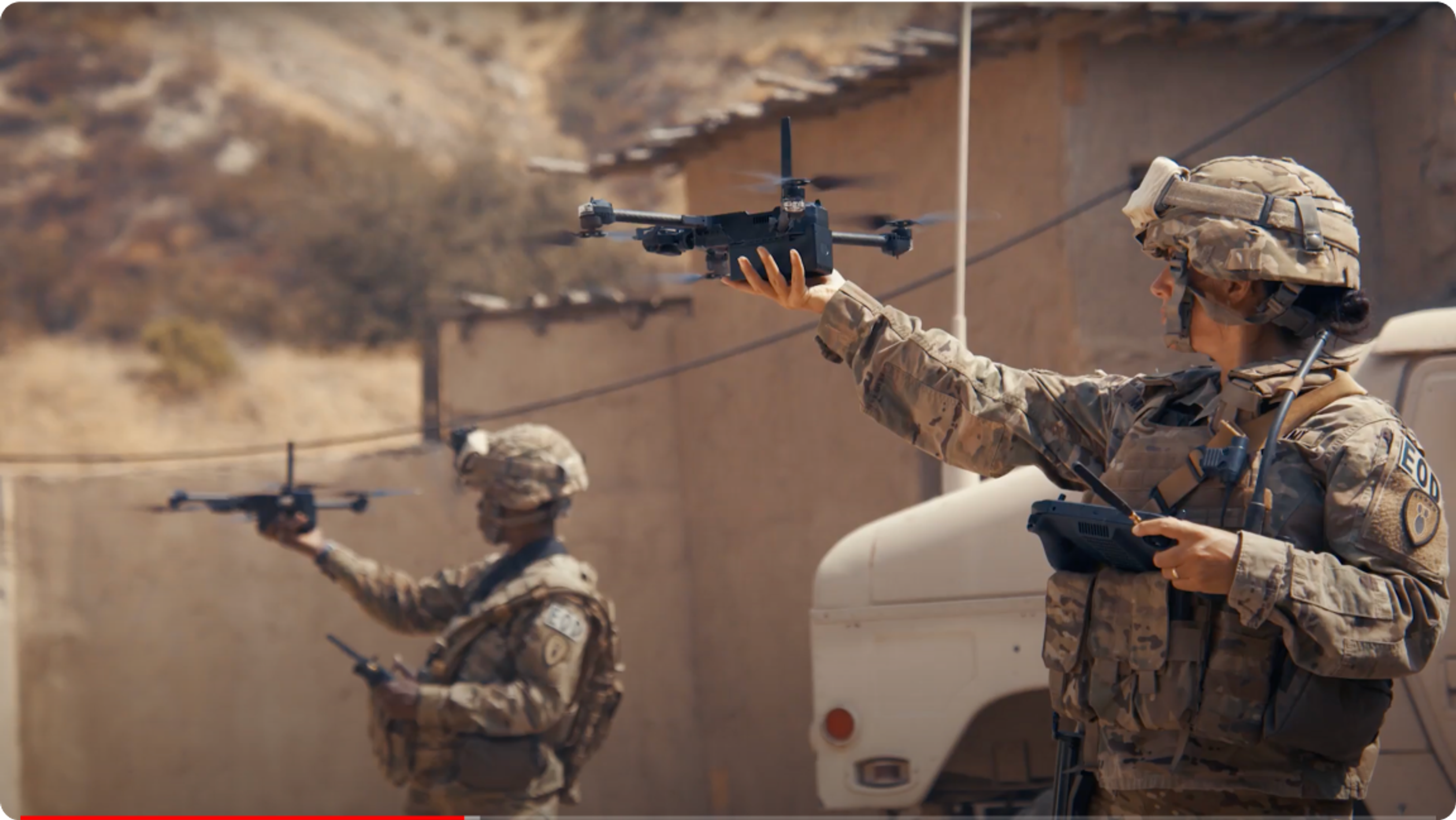 2 warfighters in combat zone launching Skydio drones