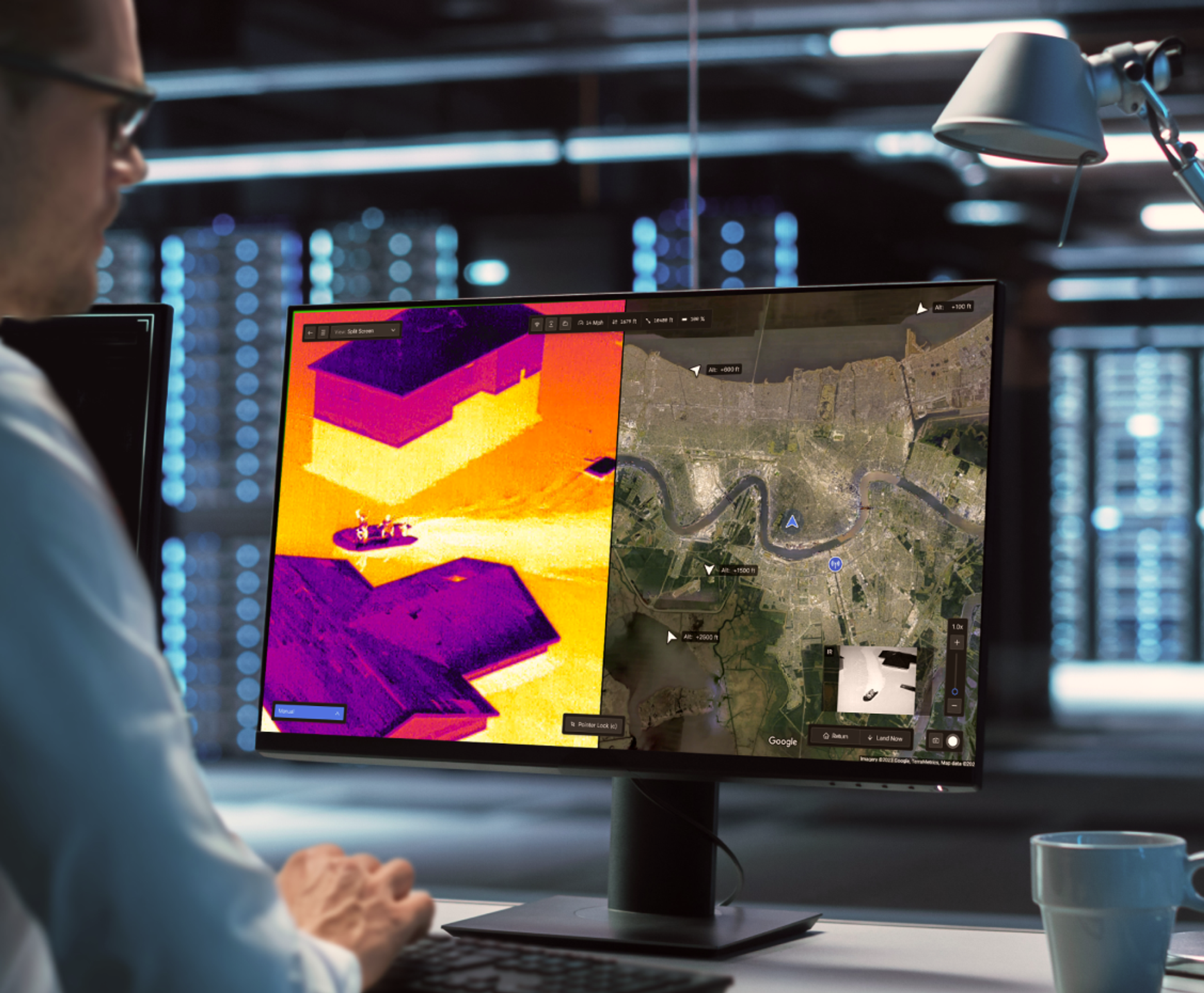 person at a monitor viewing livestream of Skydio drone captured images