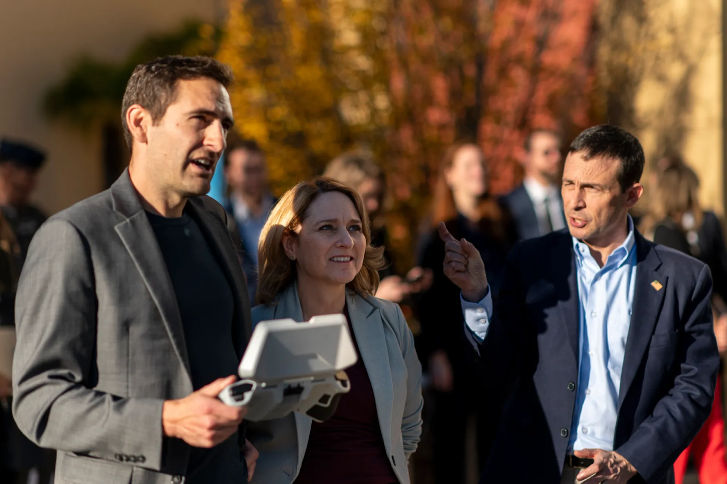 Skydio CEO Adam Bry with Deputy Secretary of Defense Kathleen Hicks, flying Skydio autonomous drone at Skydio HQ