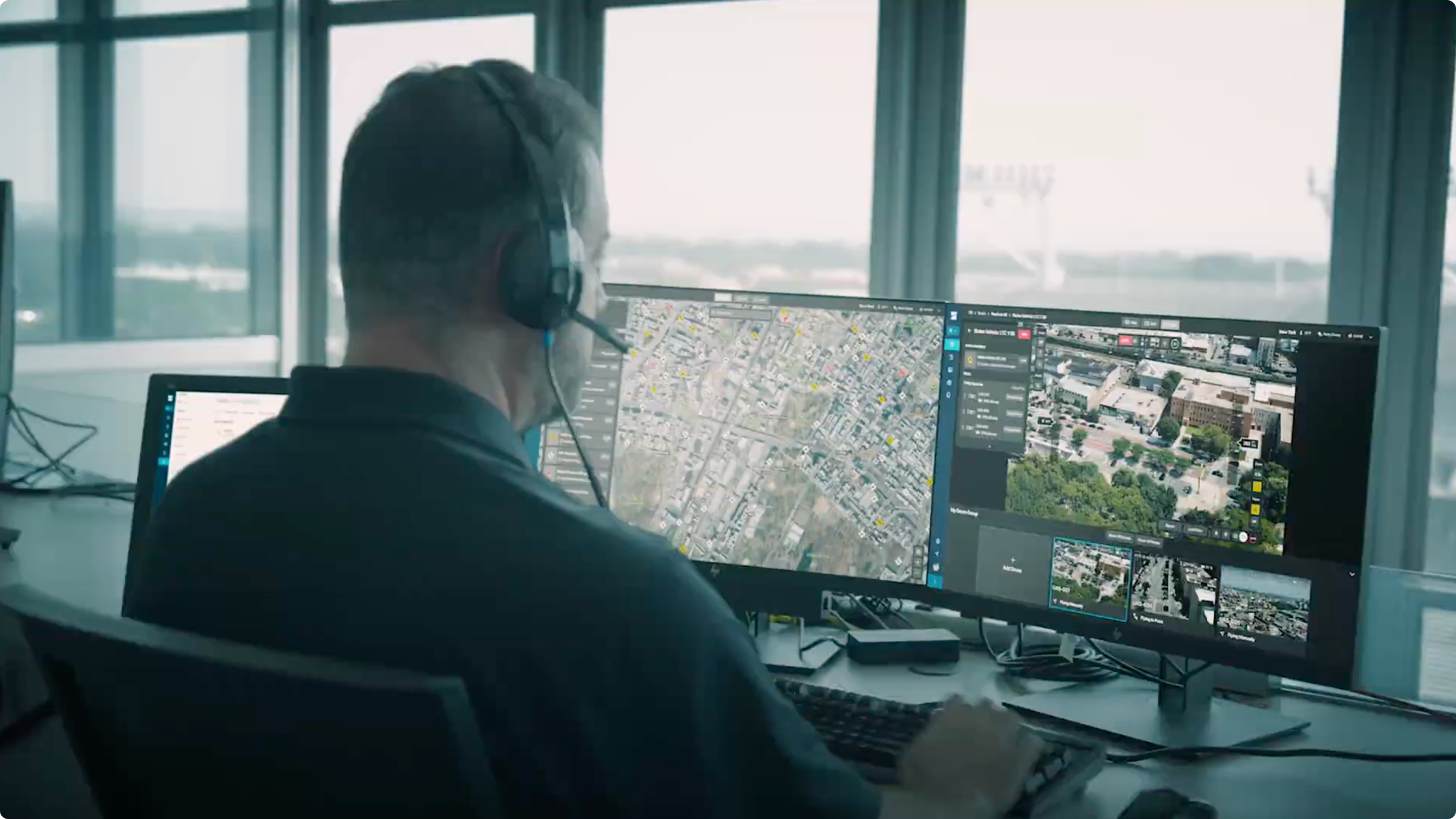 drone operator flying a Skydio X10 drone remotely and viewing the live stream on his desktop display