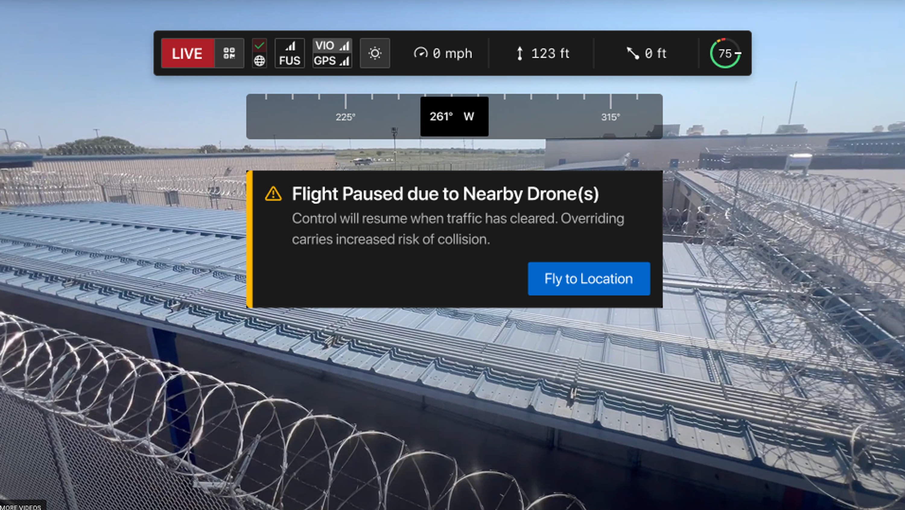 Unauthorized Drone in area alert, Fly Skydio X10 to location UI overlay on live feed