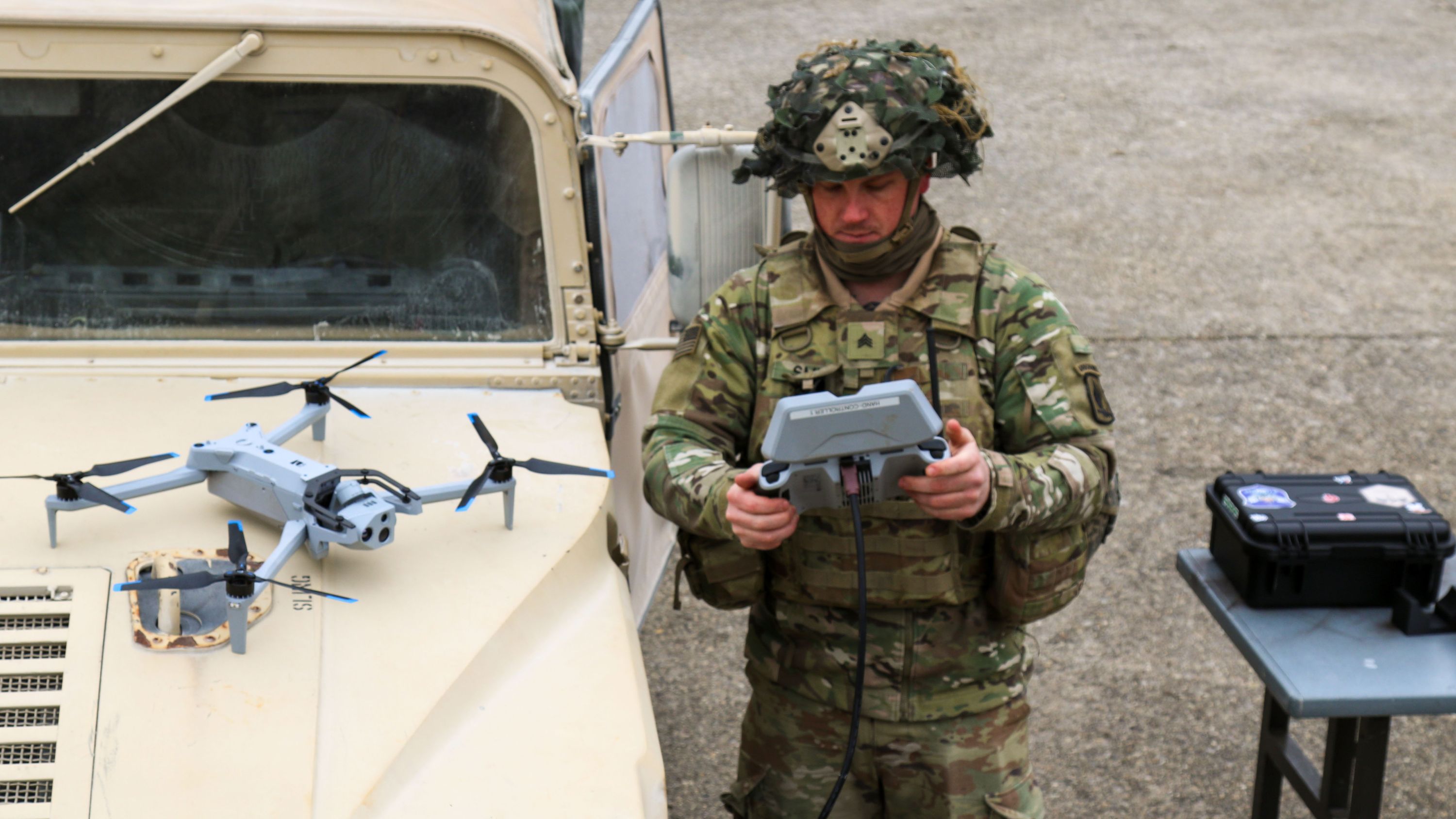 Warfighter flying Skydio X10D autonomous drone