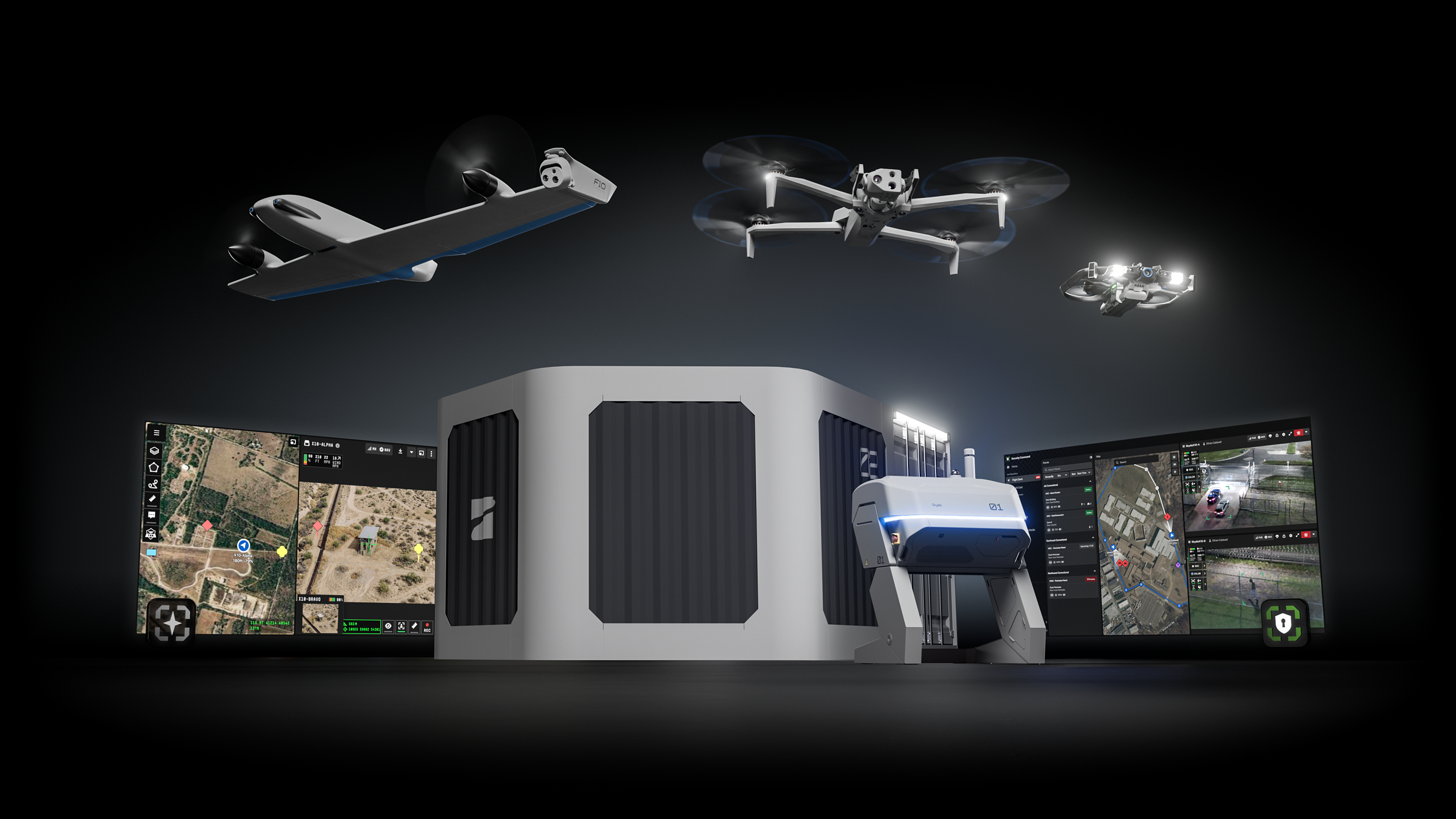 The Skydio Platform family grouping, X10 Dock for X10, R10 and DFR Command 