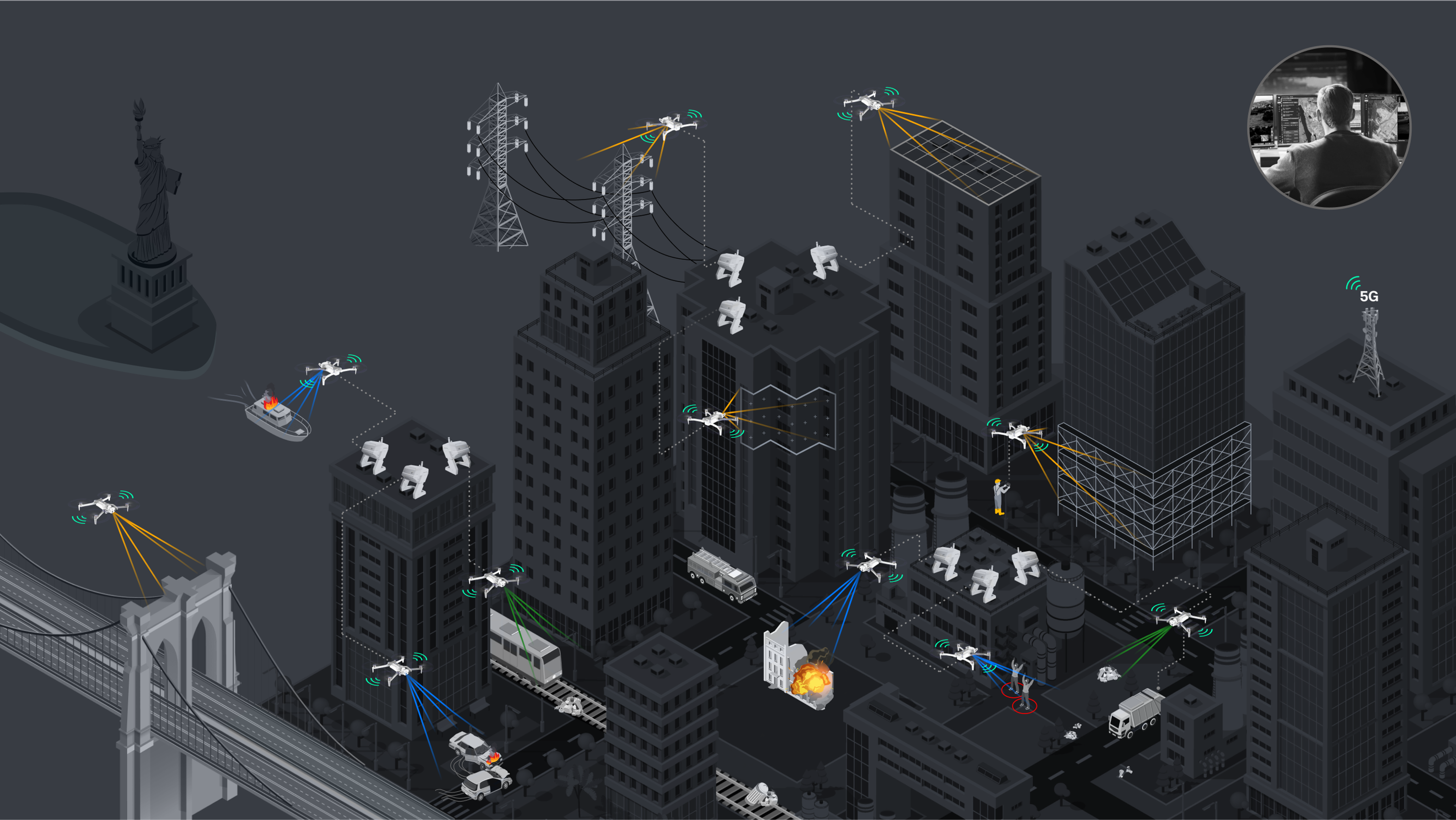 City scape with Docks positioned to handle various city wide emergency and maintainece needs 
