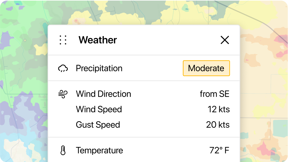 Weather station UI showing moderate rain