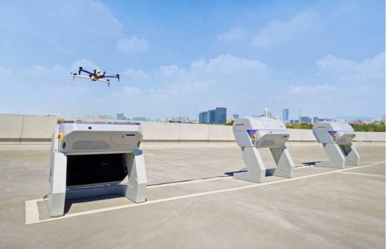Mutliple Skydio docks lauching remote drones flights in mid sized city