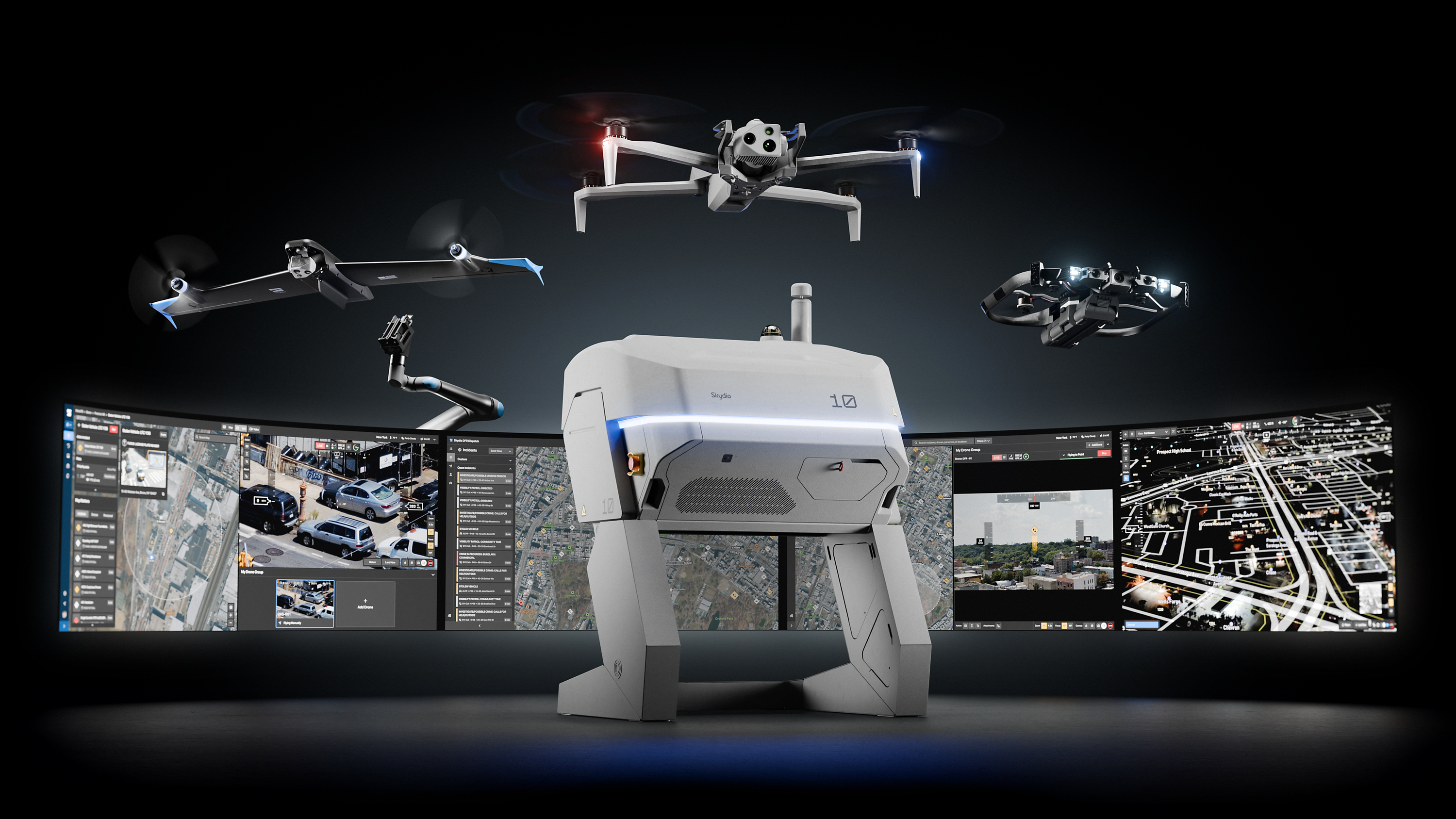 The Skydio Platform family grouping, X10 Dock for X10, R10 and DFR Command 
