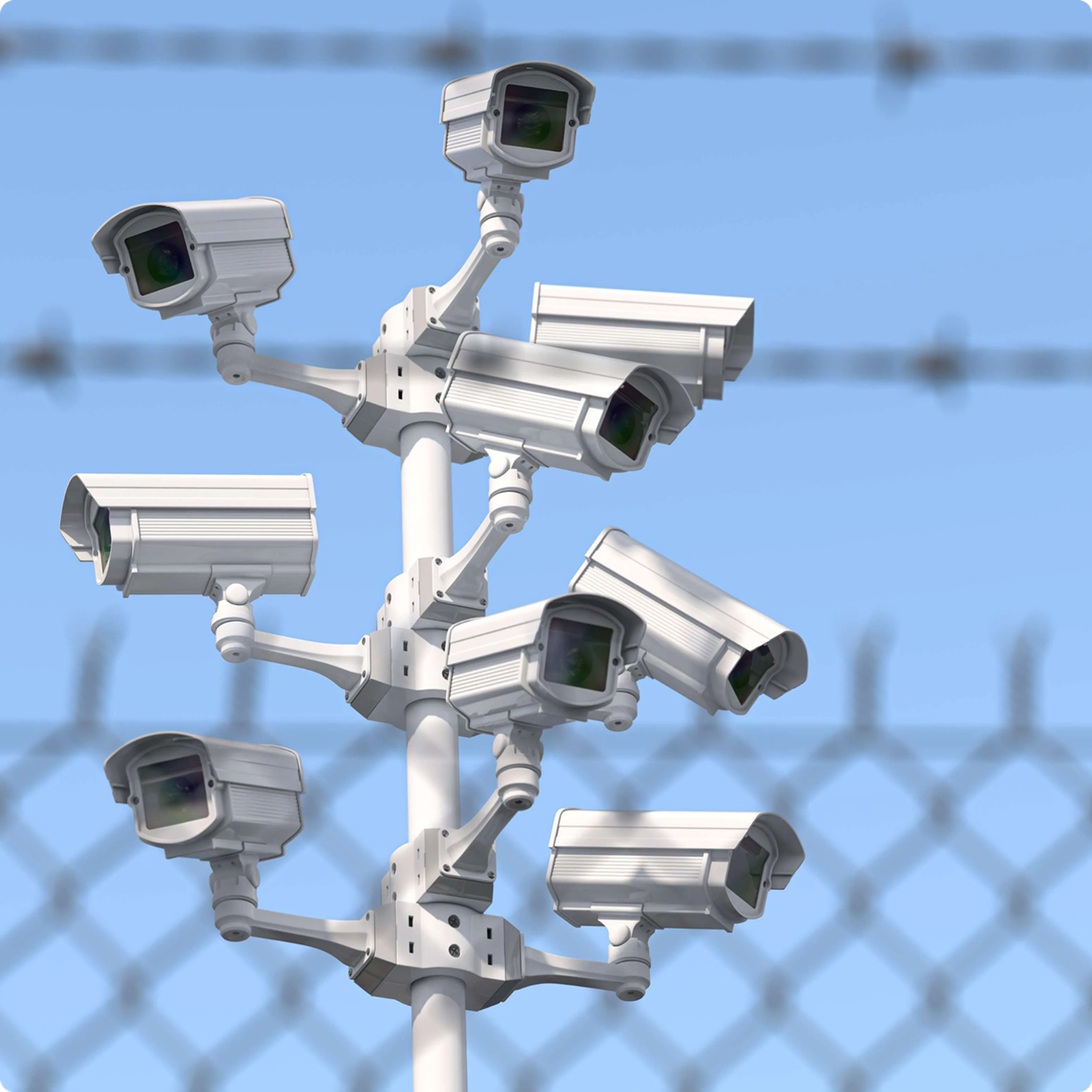 A panopticon of prison cameras in a prison yard for security