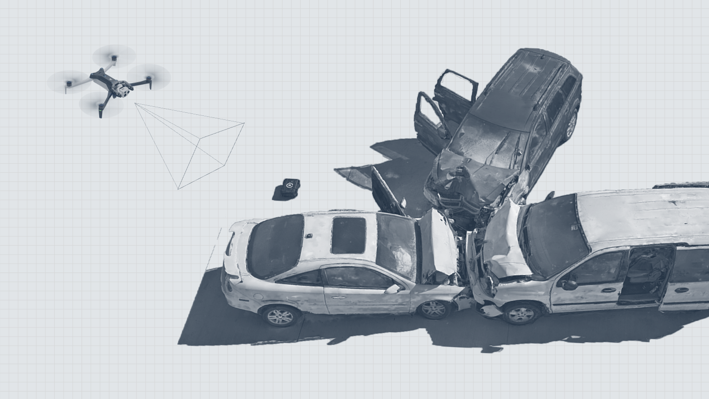 graphic of vehicle crash scene with Skydio drone overhead