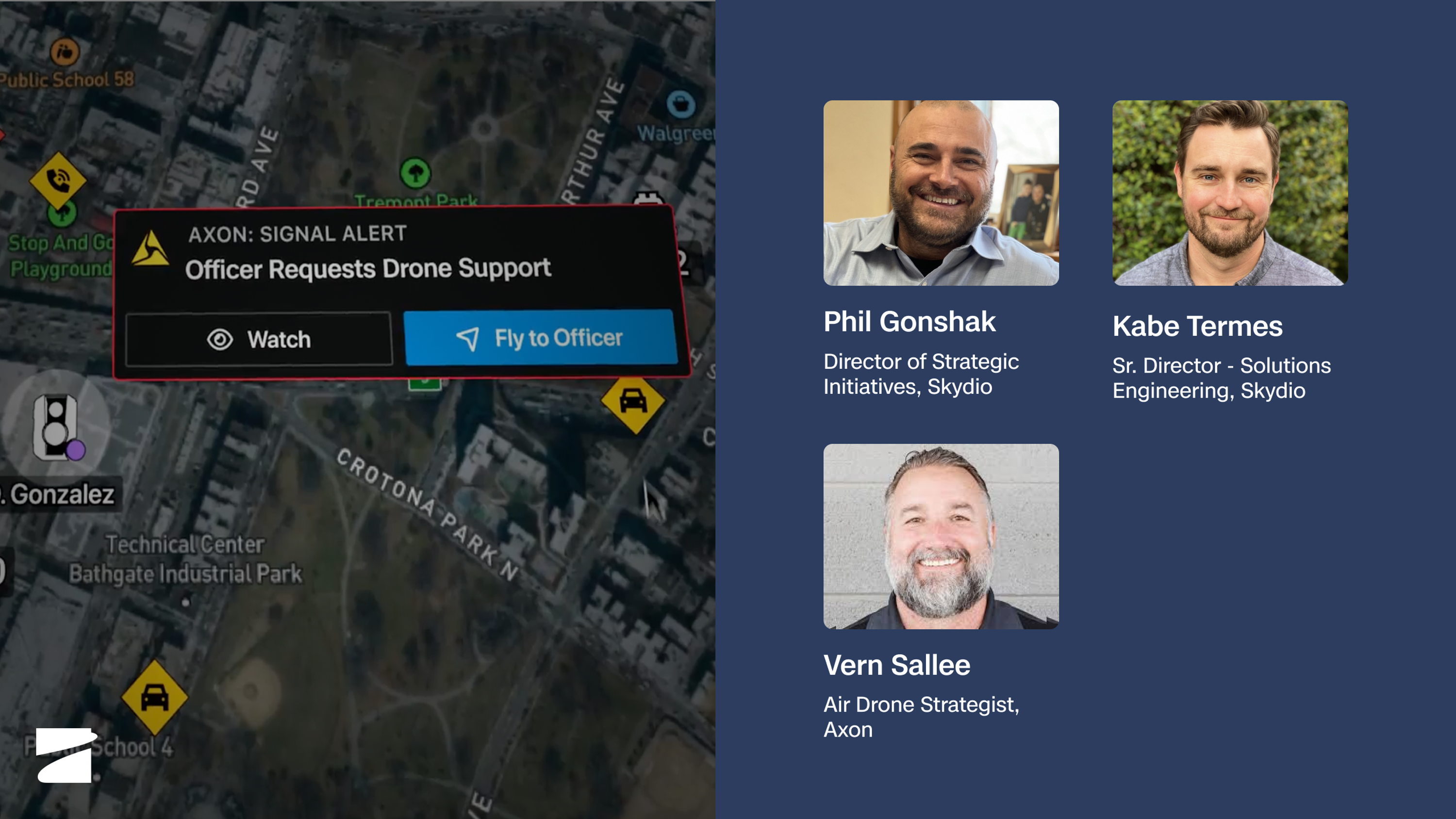 Cover image for webinar with Skydio’s Phil Gonshak talking with public safety drone leaders Kabe Termes (Skydio) and Vern Sallee (Axon) about Drone as First Responder (DFR)