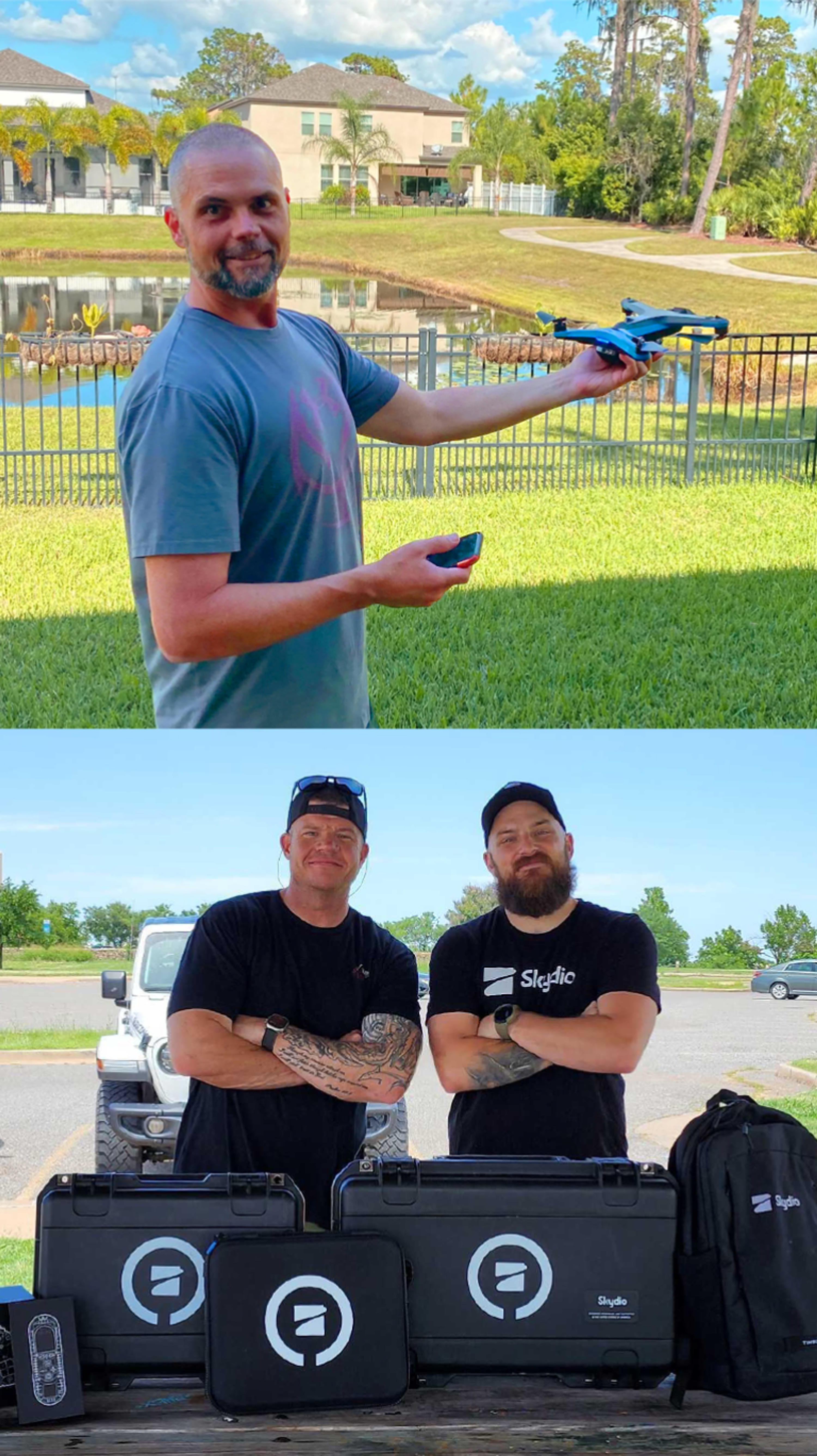 men with Skydio drones in hand and in cases