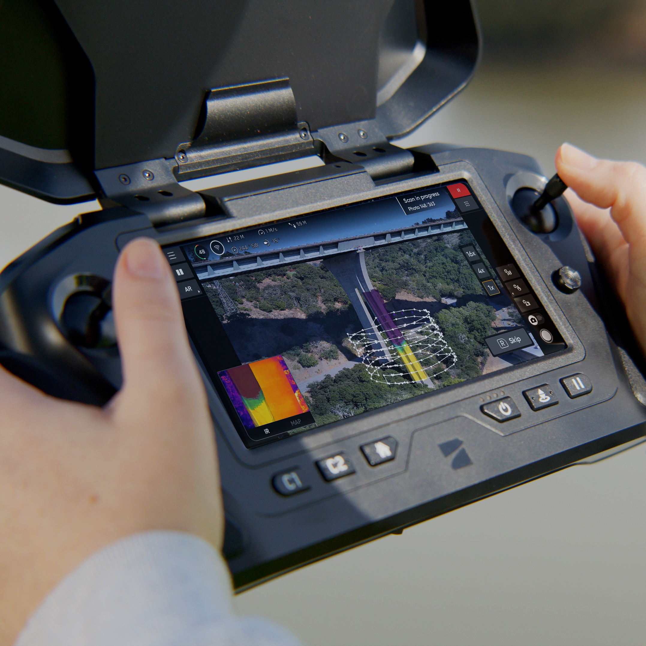 image captured from a Skydio inspection drone showing bridge support on a Skydio drone controller