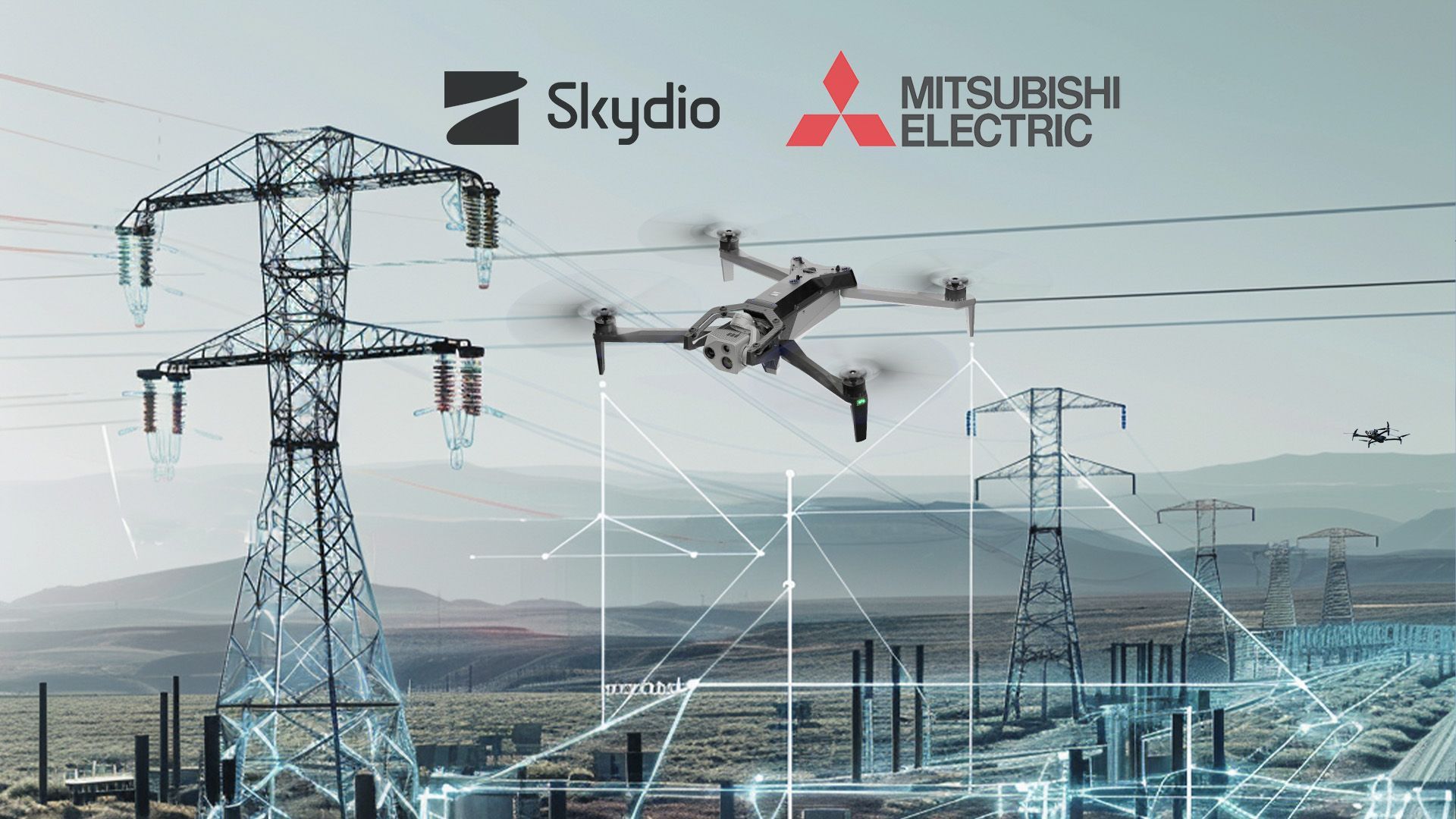 Skydio and Mitsubishi Electric logos with power lines
