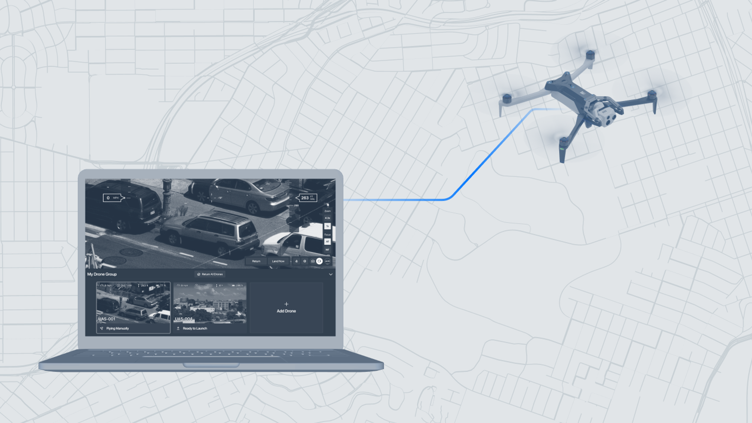 graphic showing Skydio Remote Flight Deck on screen with Skydio X10 drone being flown remotely