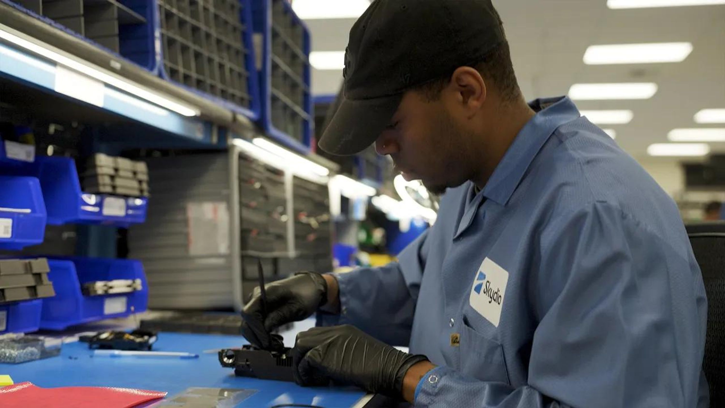 echnician working in Skydio USA manufacturing facility in Hayward, California
