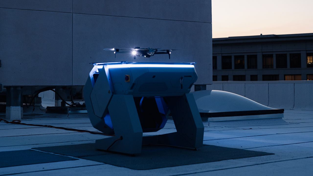 Skydio X10 launching from Dock for X10 in San Mateo CA responding to call
