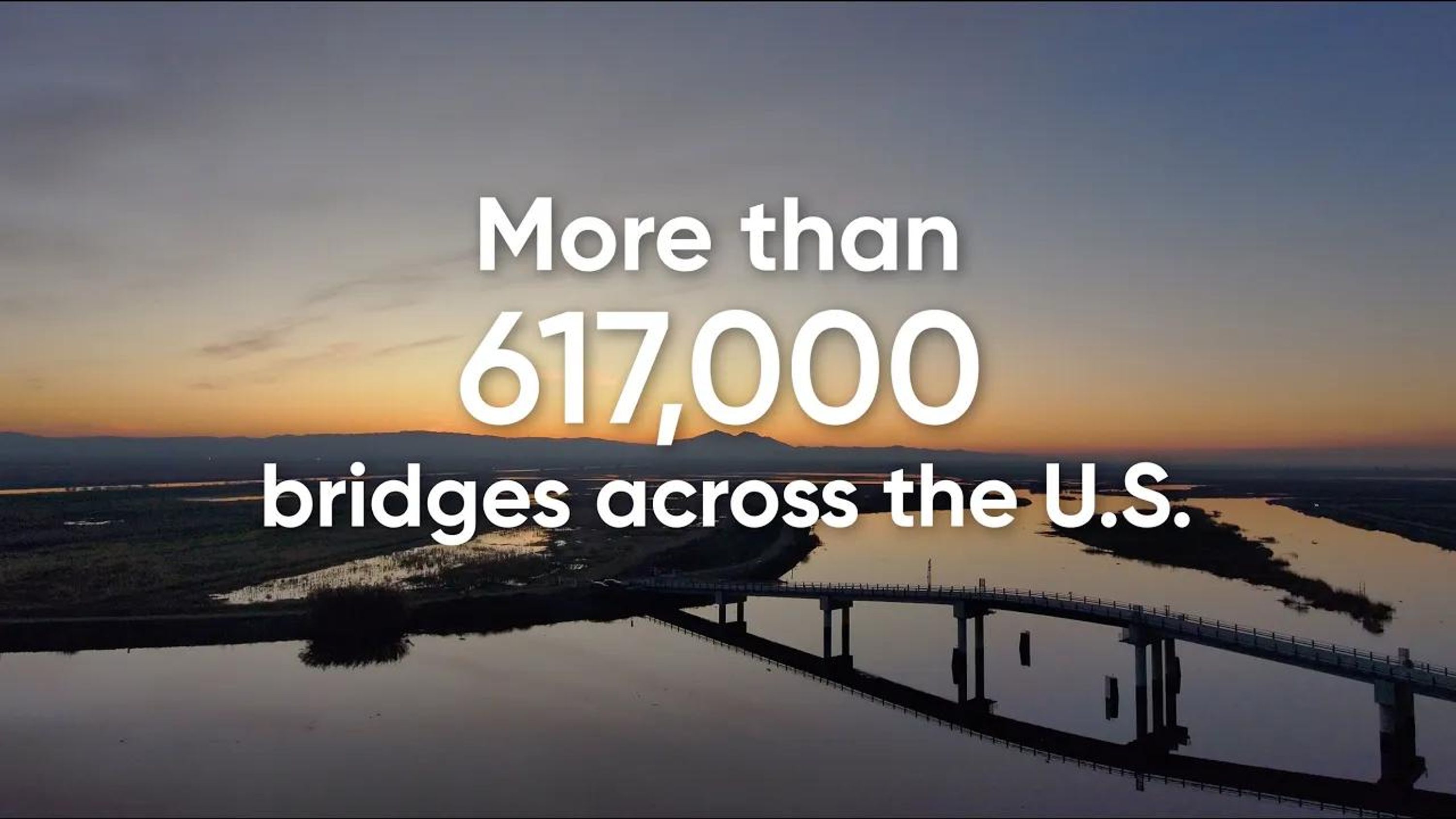 bridge over water at sunset with notation that there are more than 617,000 bridges in the US