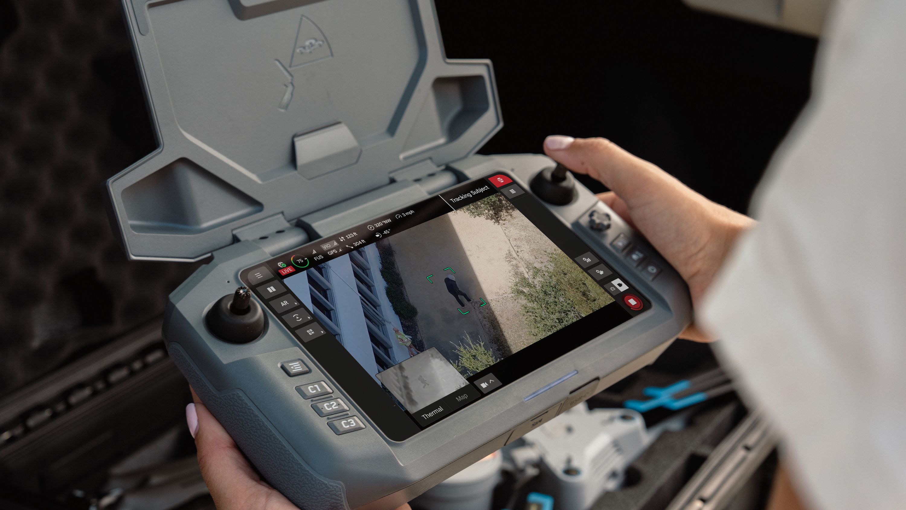 Skydio Controller 2 with overwatch looking at suspicious individual in screen view