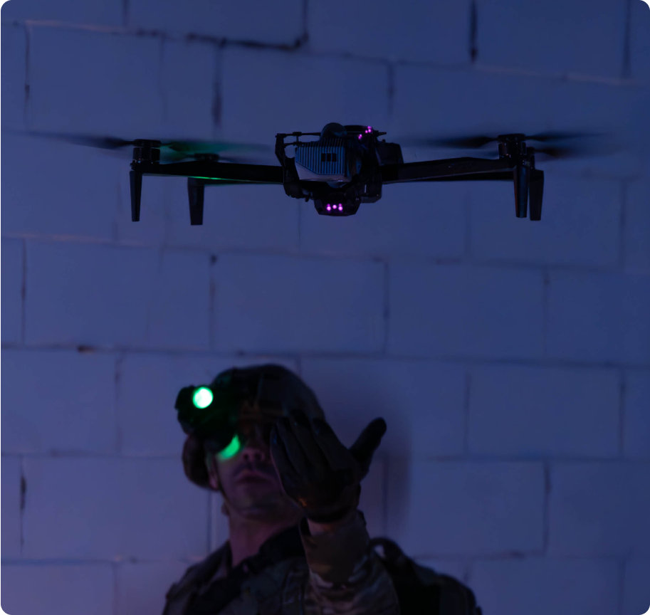 Soldier hand launching Skydio X10D at night
