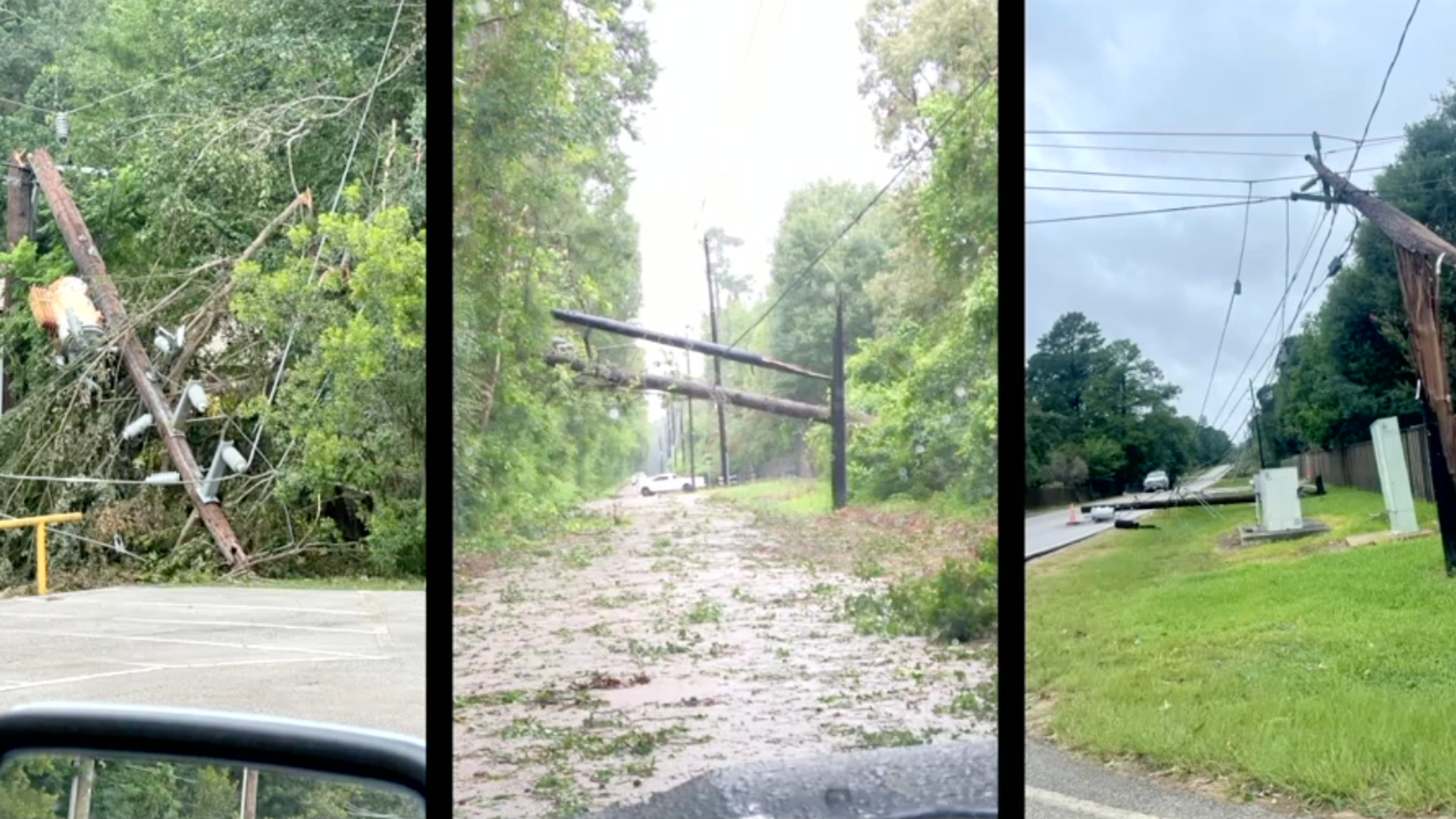 three images of downed power lines after a storm